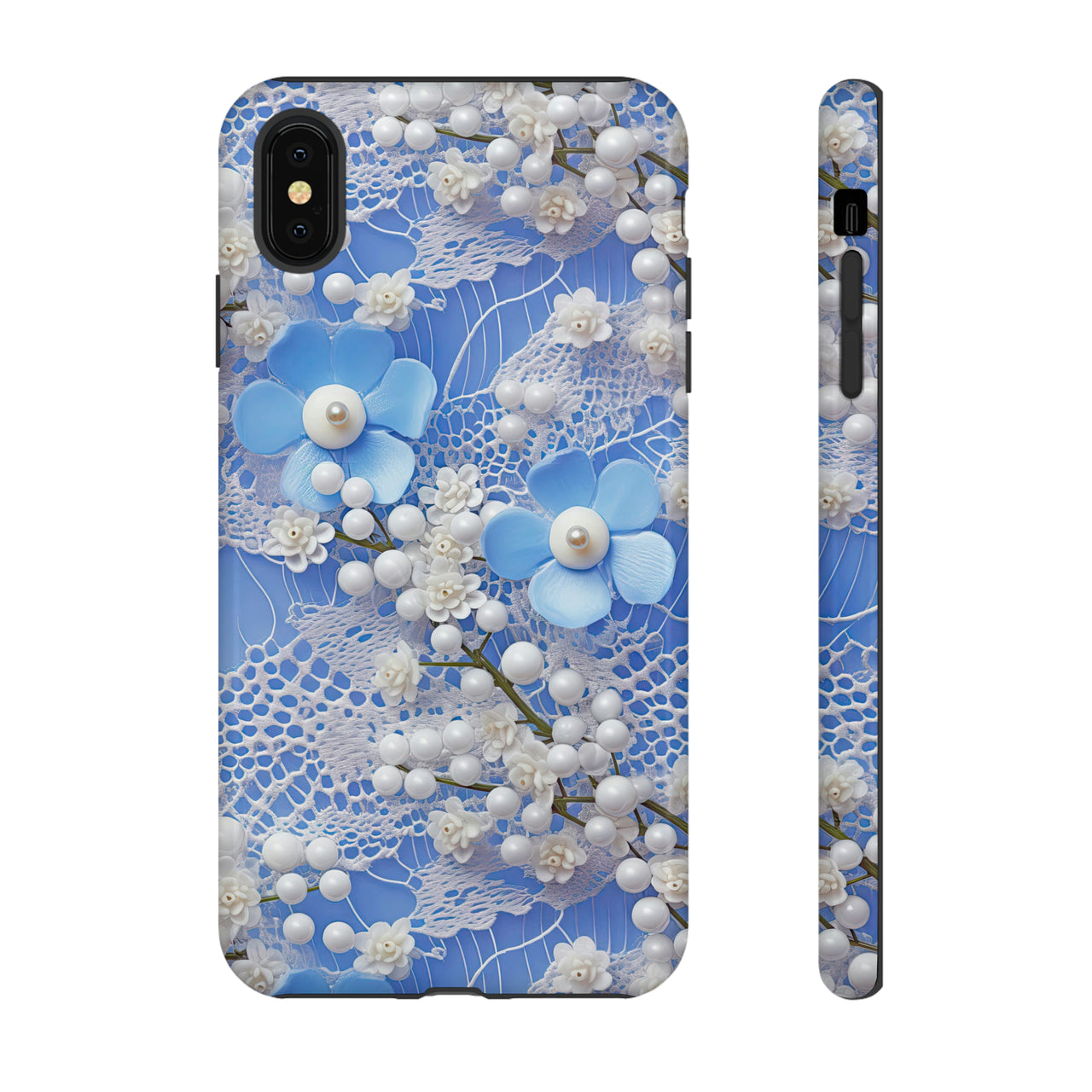 Pearls and Lace on Baby Blue - Tough Cases for iPhone X, iPhone XR, iPhone XS, and iPhone XS MAX.