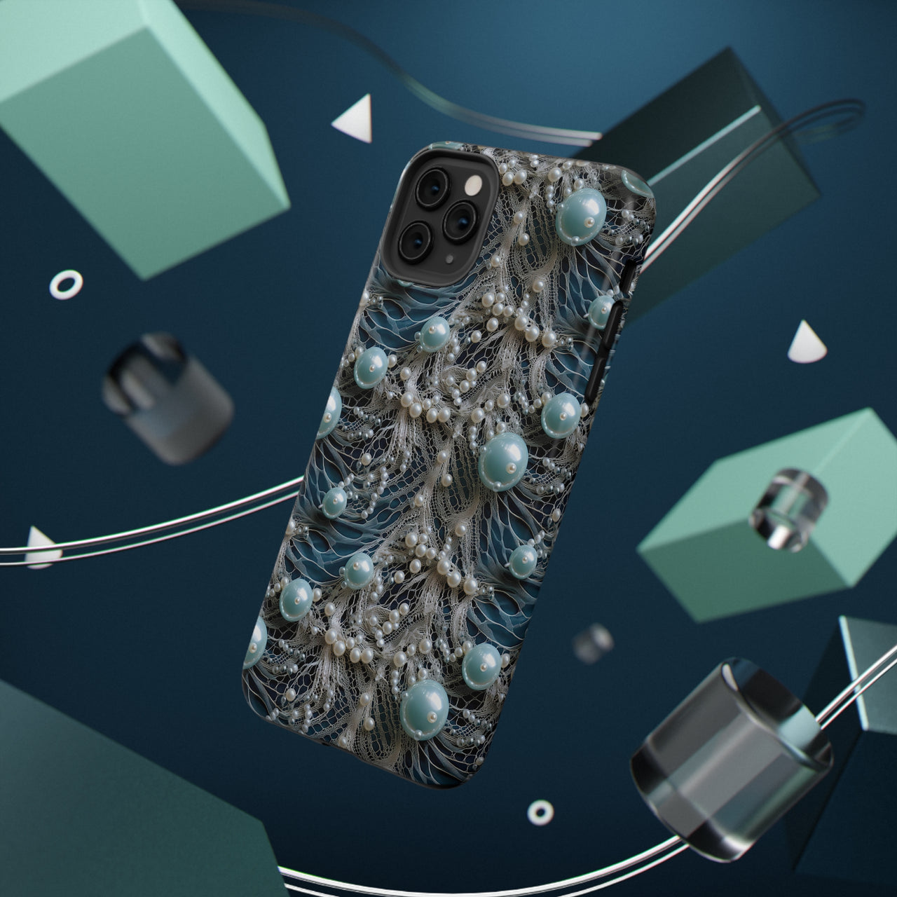 Sea Foam Lace and Pearls Impact-Resistant Cases for iPhone 11, iPhone 11 Pro, and iPhone 11 Pro Max. Supports Wireless Charging.