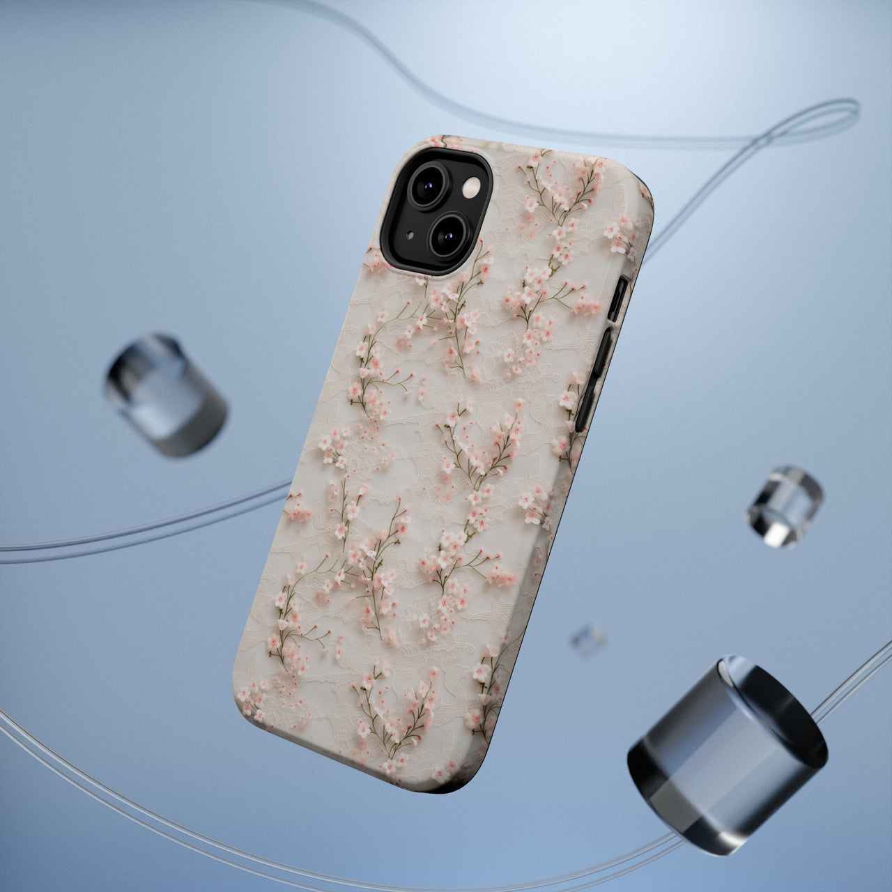 White Lace and Cherry Blossoms MagSafe Tough Cases for iPhone 14, iPhone 14 Pro, iPhone 14 Plus, and iPhone 14 Pro Max