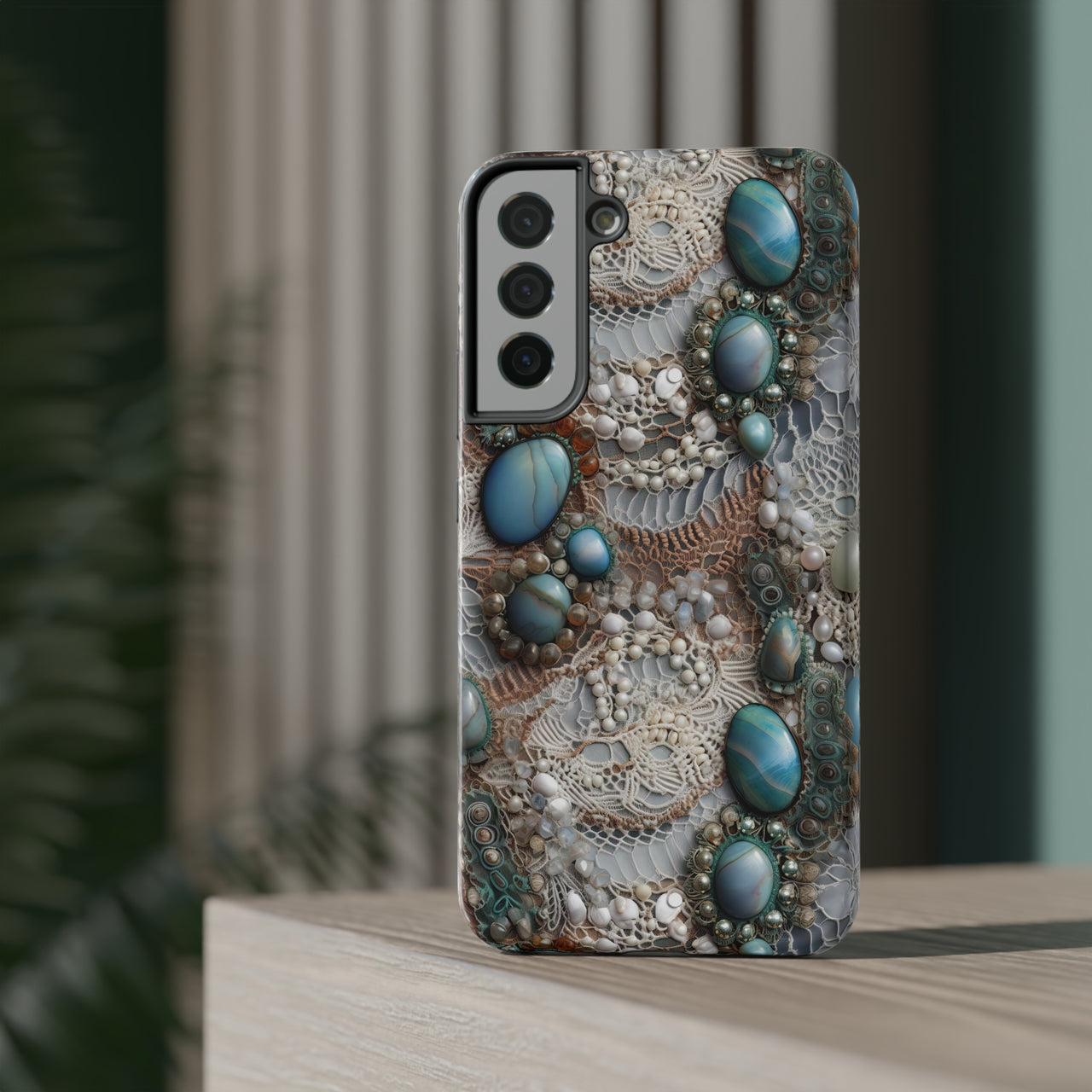 Boho Agate and Lace Impact-Resistant Cases for Samsung Galaxy S22, Samsung Galaxy S22 Plus, and Samsung Galaxy S22 Ultra. Supports Wireless Charging.