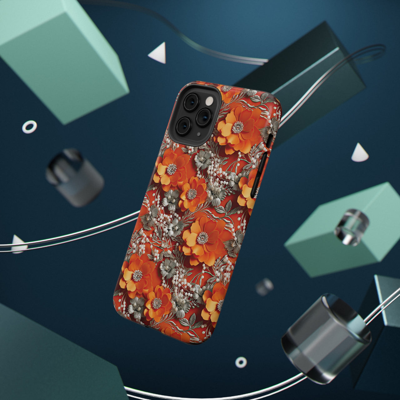 Orange Petals in Silver Tapestry Impact-Resistant Cases for iPhone 11, iPhone 11 Pro, and iPhone 11 Pro Max. Supports Wireless Charging.