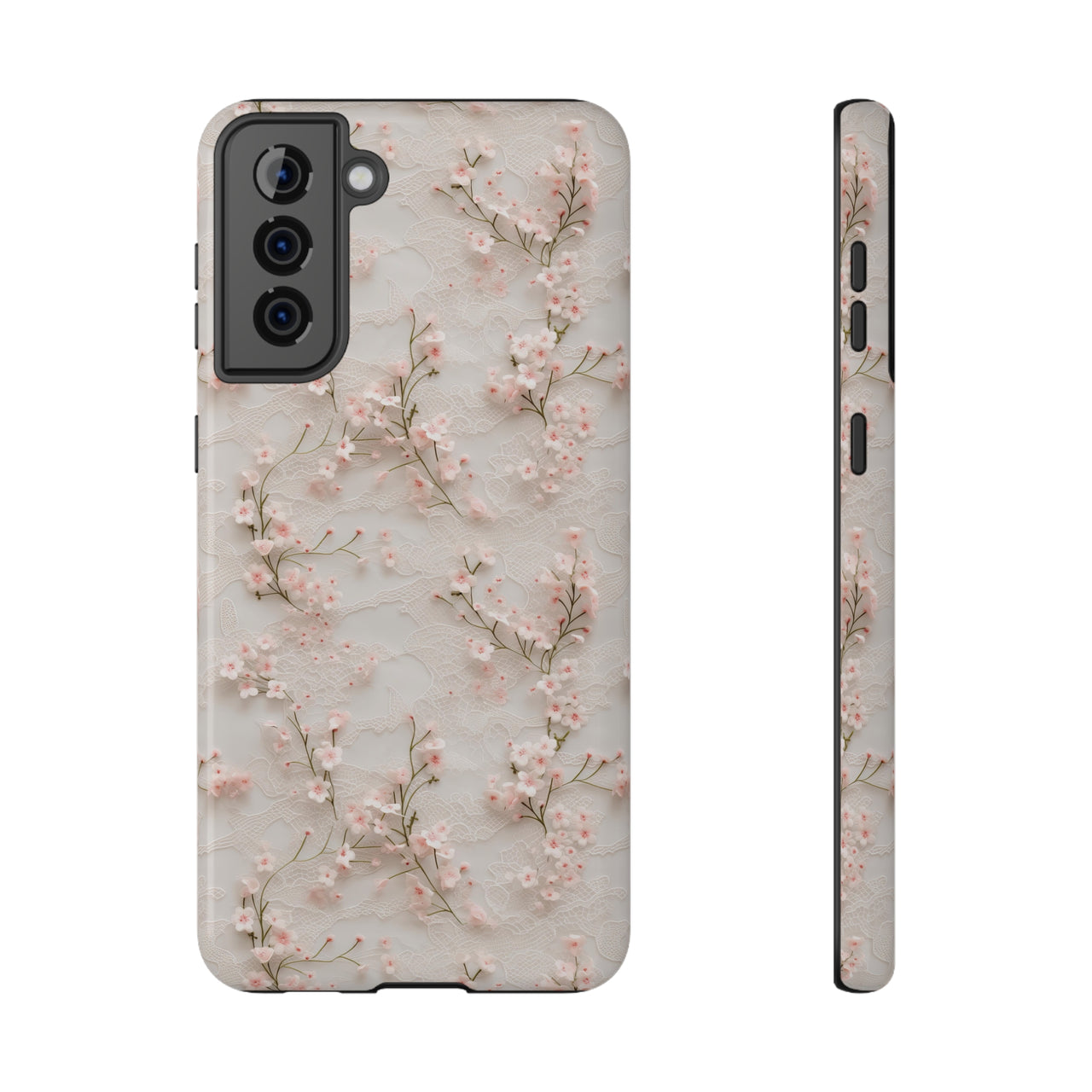 White Lace and Cherry Blossoms Impact-Resistant Cases for Samsung Galaxy S21, Samsung Galaxy S21 Plus, and Samsung Galaxy S21 Ultra. Supports Wireless Charging.