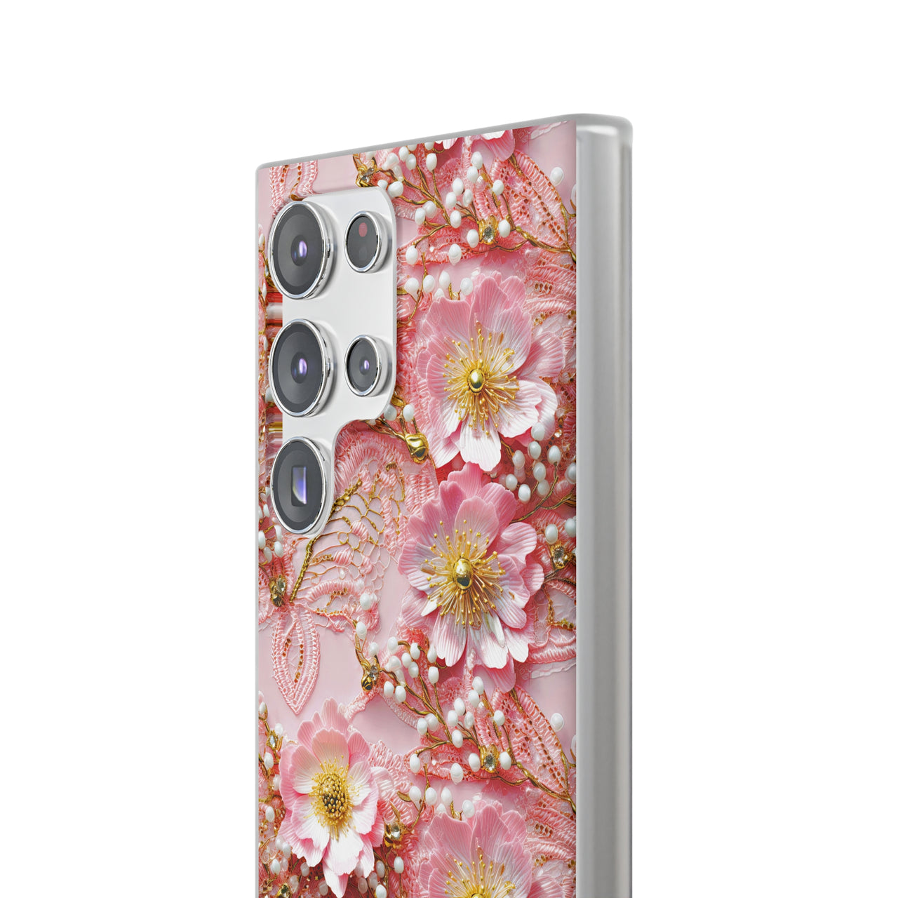 Gold-Kissed Flowers on Pink Lace - Flexi Cases for Samsung Galaxy S23, Samsung Galaxy S23 Plus, & Samsung Galaxy S23 Ultra