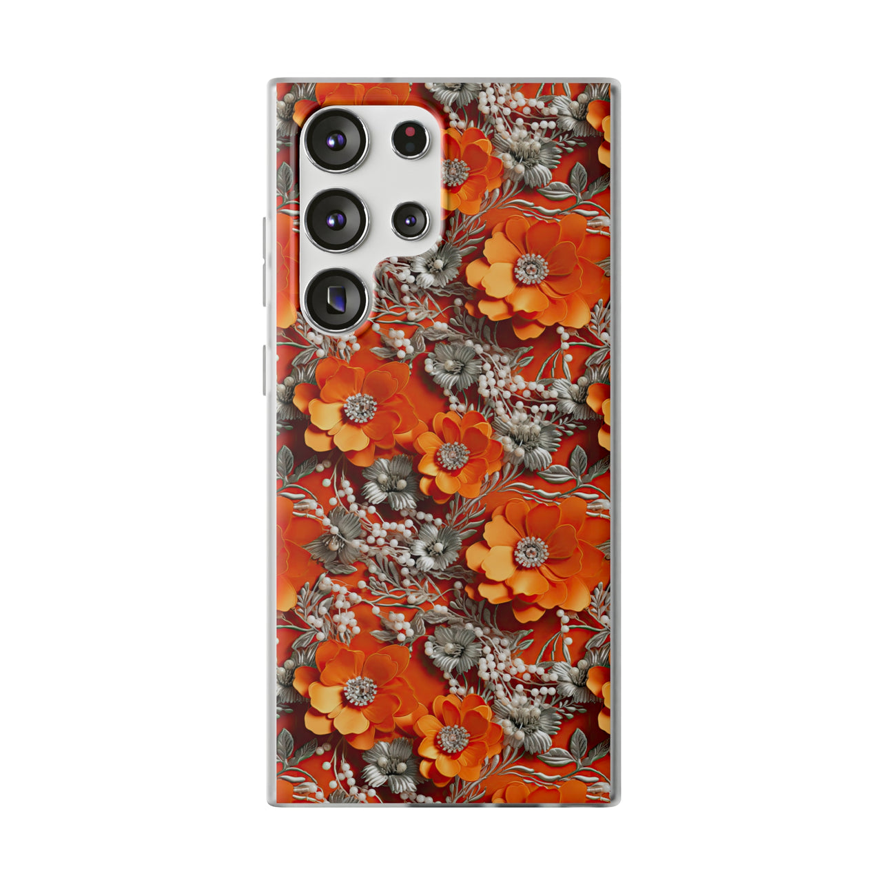 Orange Petals in Silver Tapestry - Flexi Cases for Samsung Galaxy S23, Samsung Galaxy S23 Plus, and Samsung Galaxy S23 Ultra