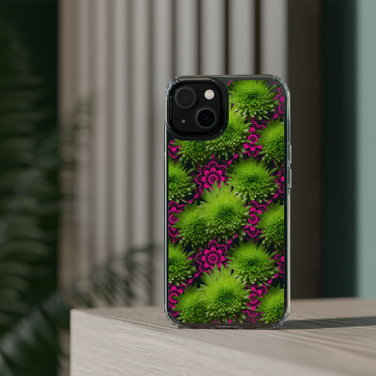 *Clear Case* Green Mums and Lace - iPhone 14, iPhone 14 Pro, iPhone 14 Plus, iPhone 14 Pro Max - Supports Wireless Charging