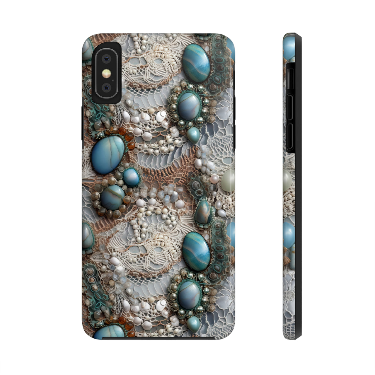 Boho Agate and Lace Tough Phone Cases for iPhone X, iPhone XR, iPhone XS, and iPhone XS MAX. Supports Wireless Charging.