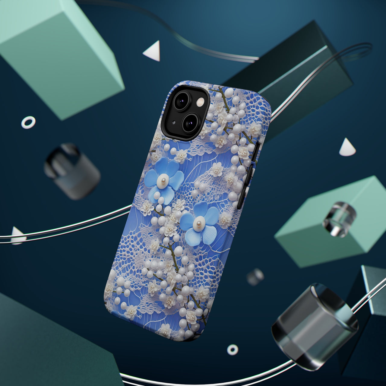 Pearls and Lace on Baby Blue - MagSafe Tough Cases for iPhone 14, iPhone 14 Pro, iPhone 14 Plus, and iPhone 14 Pro Max