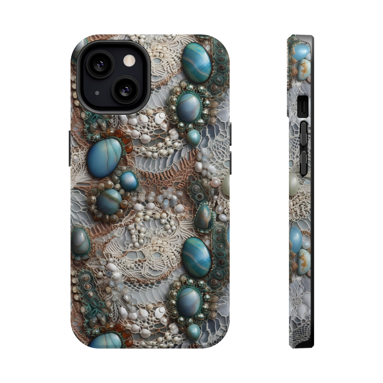 Boho Agate and Lace MagSafe Tough Cases for iPhone 13, iPhone 13 Mini, iPhone 13 Pro, and iPhone 13 Pro Max.