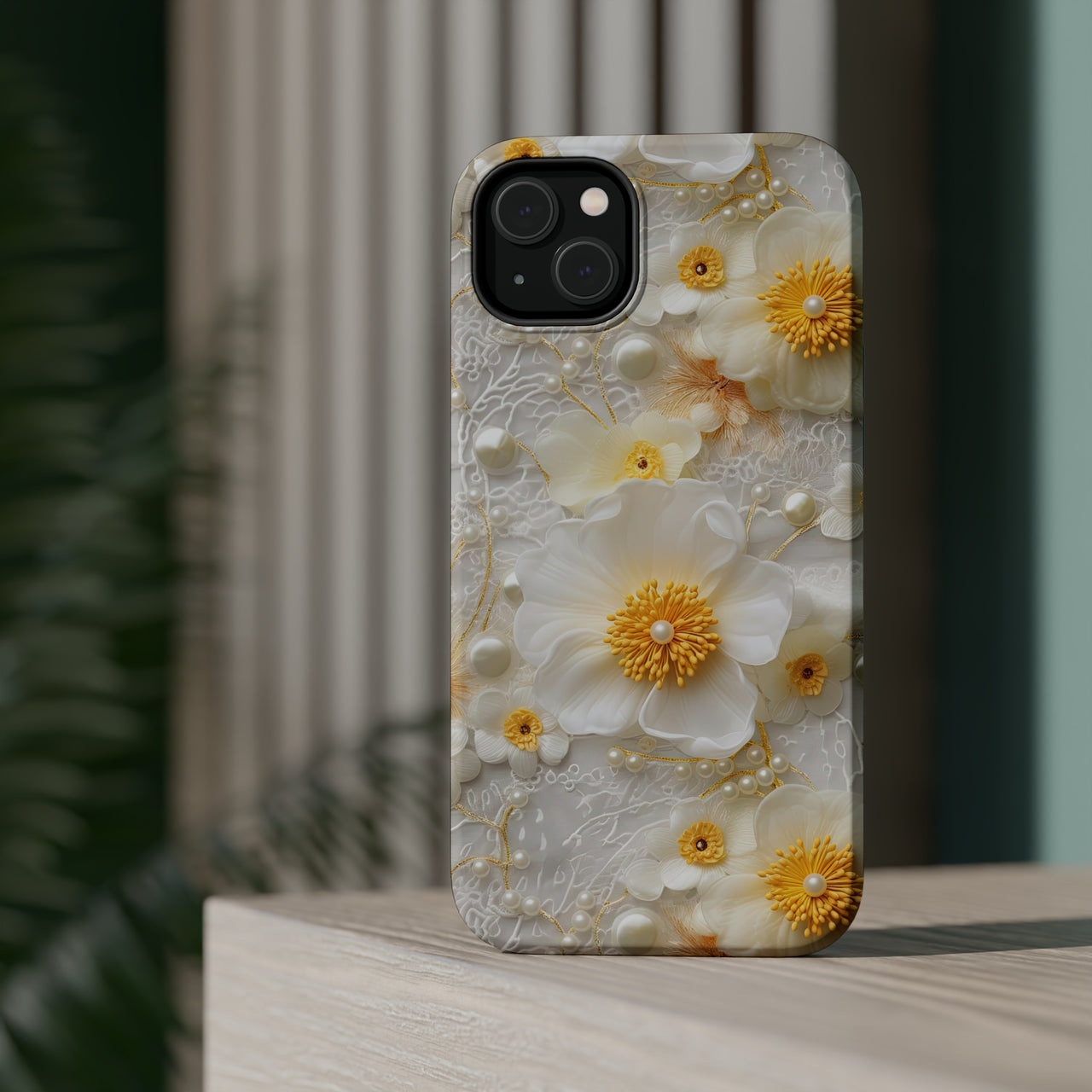 Yellow and White Floral MagSafe Tough Cases for iPhone 14, iPhone 14 Pro, iPhone 14 Plus, and iPhone 14 Pro Max