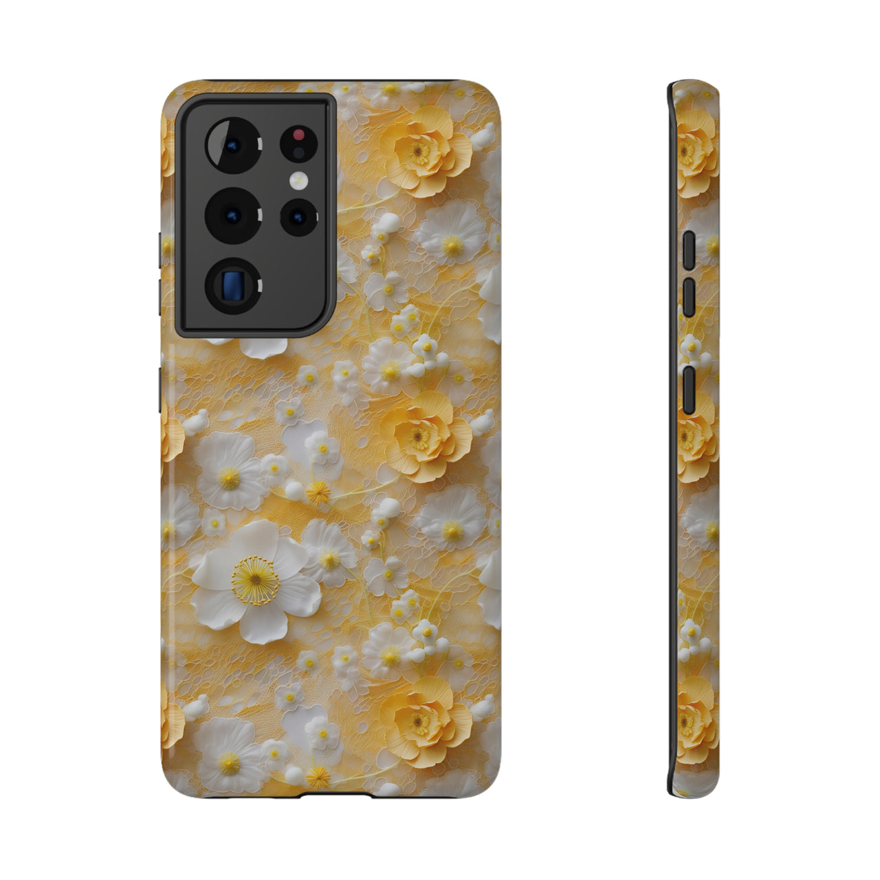 Yellow Floral Impact-Resistant Cases for Samsung Galaxy S21, Samsung Galaxy S21 Plus, and Samsung Galaxy S21 Ultra. Supports Wireless Charging.