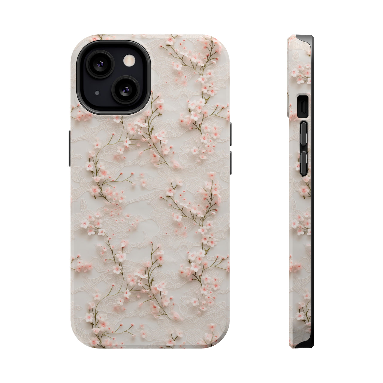 White Lace and Cherry Blossoms MagSafe Tough Cases for iPhone 13, iPhone 13 Mini, iPhone 13 Pro, and iPhone 13 Pro Max.