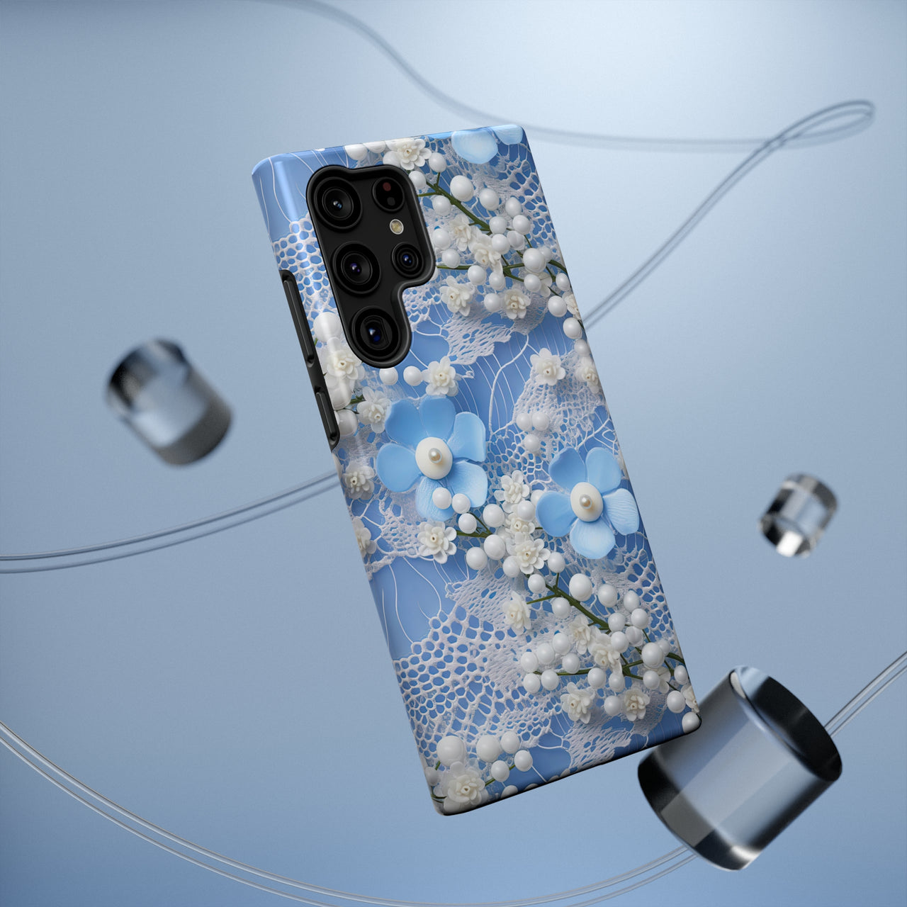 Pearls and Lace on Baby Blue - Impact-Resistant Case for Samsung Galaxy S22, Samsung Galaxy S22 Plus, and Samsung Galaxy S22 Ultra. Supports Wireless Charging.