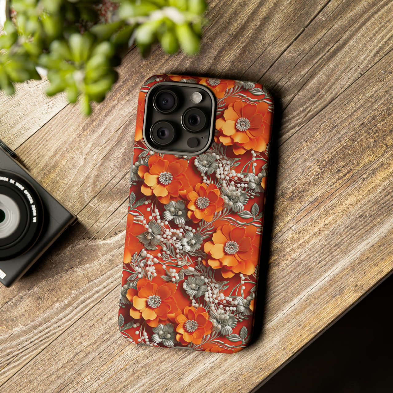 Orange Petals in Silver Tapestry Tough Case for iPhone 15, iPhone 15 Pro, iPhone 15 Plus, and iPhone 15 Pro Max