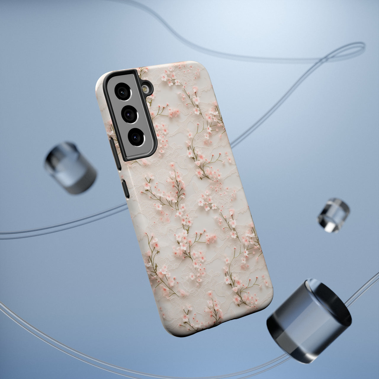 White Lace and Cherry Blossoms Impact-Resistant Cases for Samsung Galaxy S22, Samsung Galaxy S22 Plus, and Samsung Galaxy S22 Ultra. Supports Wireless Charging.