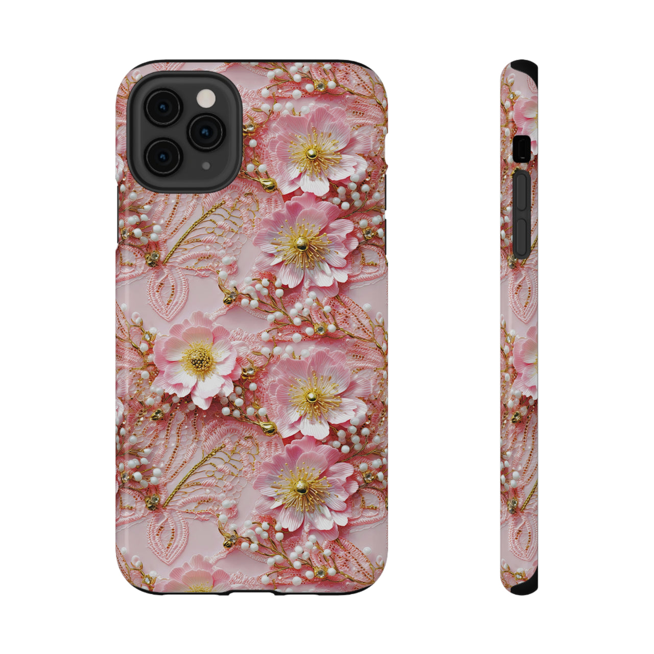 Gold-Kissed Flowers on Pink Lace -  Impact-Resistant Cases for iPhone 11, iPhone 11 Pro, and iPhone 11 Pro Max. Supports Wireless Charging.