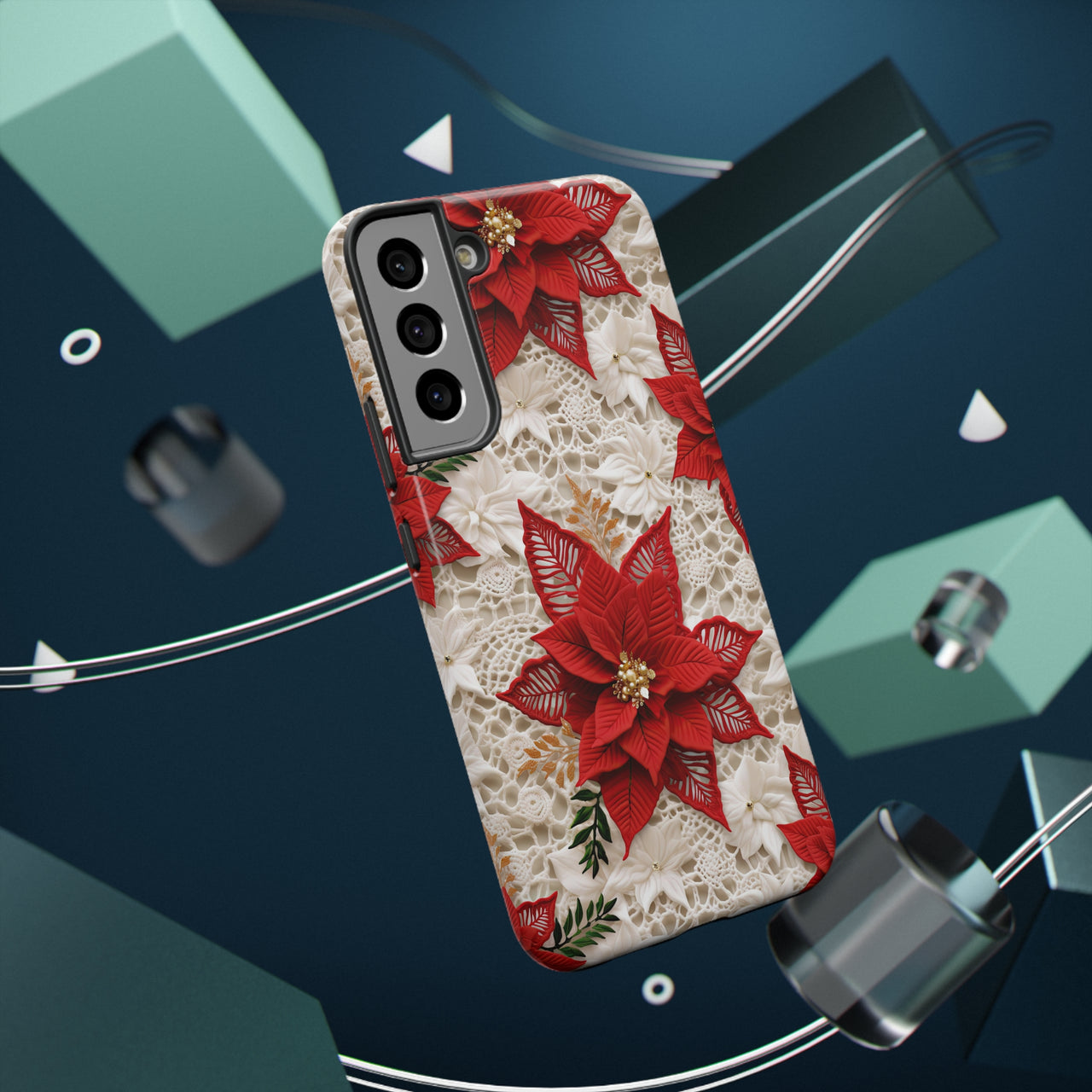 Christmas Poinsettia Impact-Resistant Cases for Samsung Galaxy S22, Samsung Galaxy S22 Plus, and Samsung Galaxy S22 Ultra. Supports Wireless Charging.