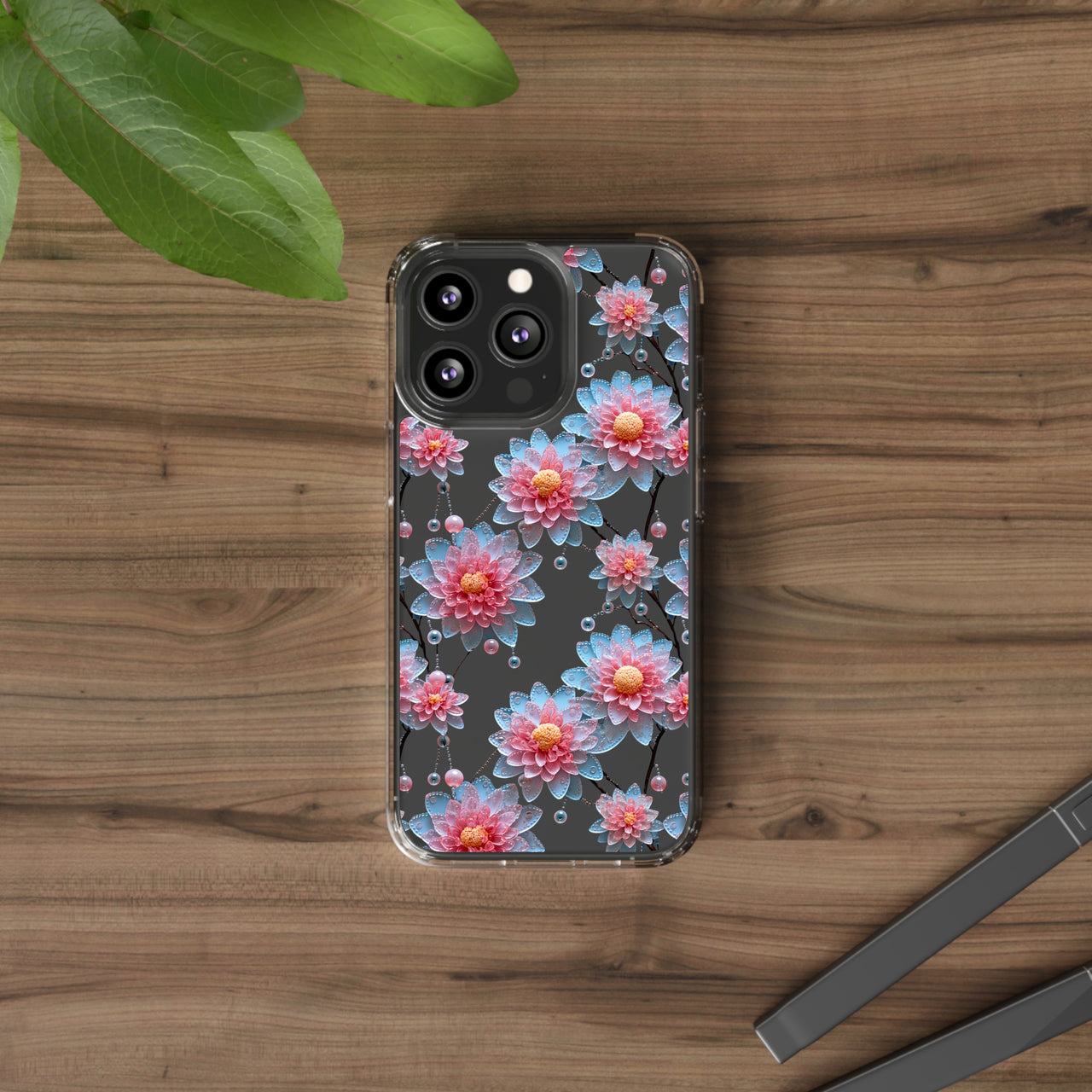 *Clear Case* Pink and Blue Glass Flowers - iPhone 13, iPhone 13 Mini, iPhone 13 Pro, iPhone 13 Pro Max - Supports Wireless Charging