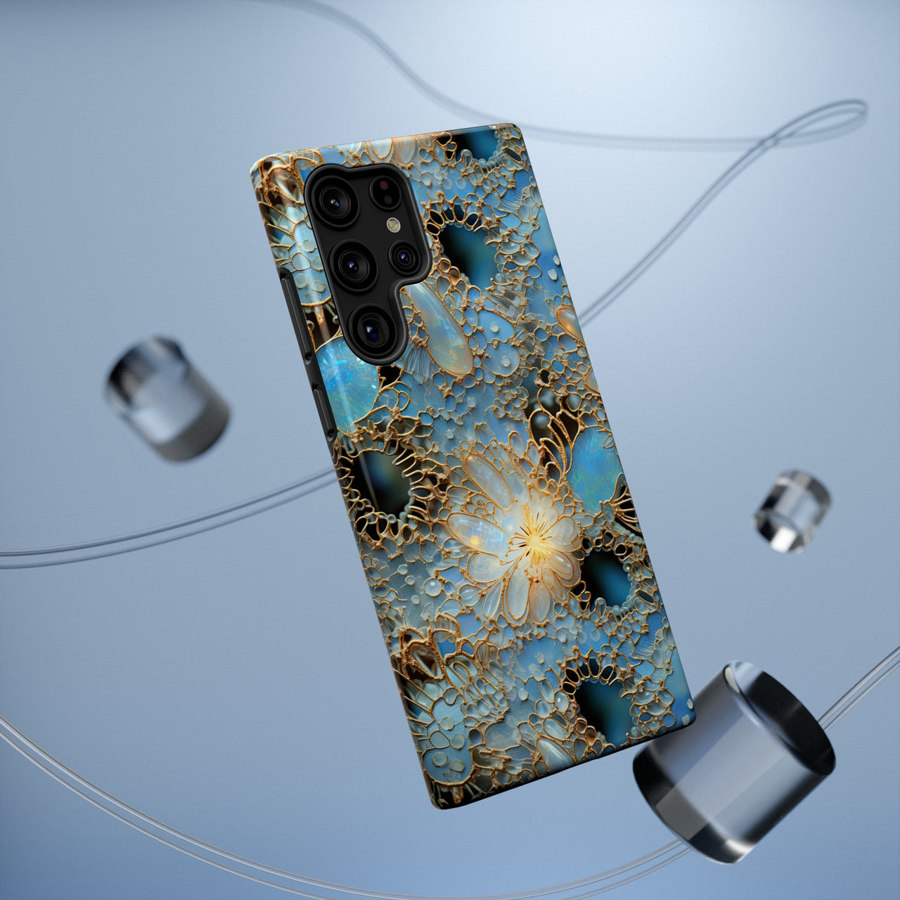 Gemstones and Gold Lace Impact-Resistant Cases for Samsung Galaxy S22, Samsung Galaxy S22 Plus, and Samsung Galaxy S22 Ultra. Supports Wireless Charging.