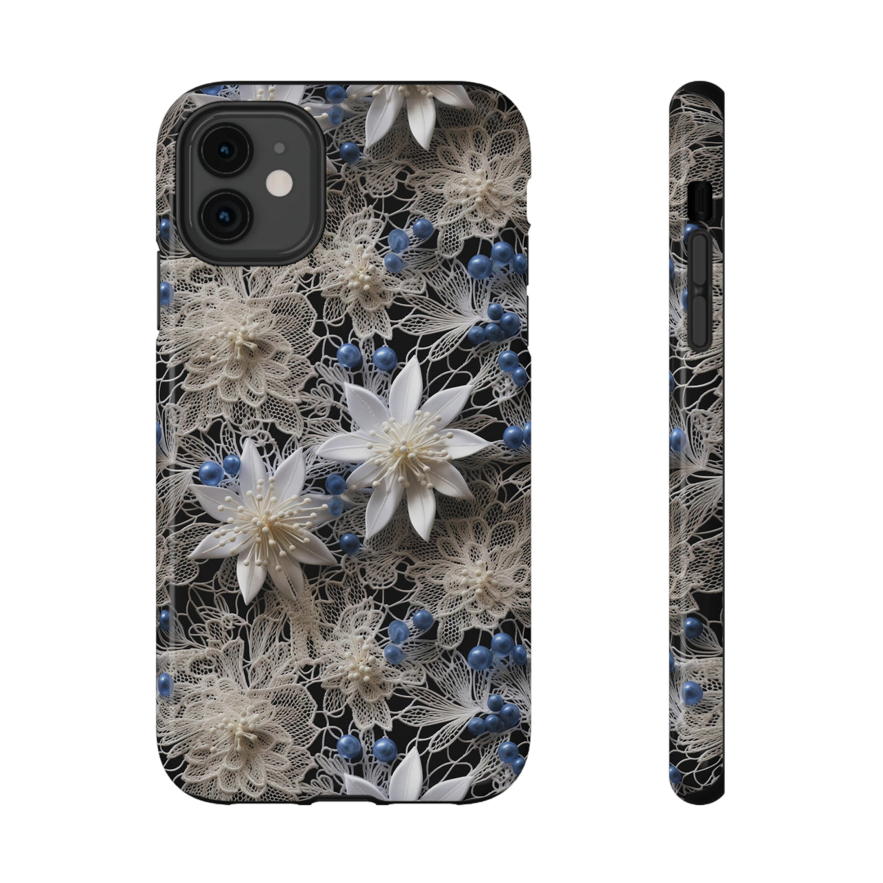 Vintage Lace and Clematis Impact-Resistant Cases for iPhone 11, iPhone 11 Pro, and iPhone 11 Pro Max. Supports Wireless Charging.