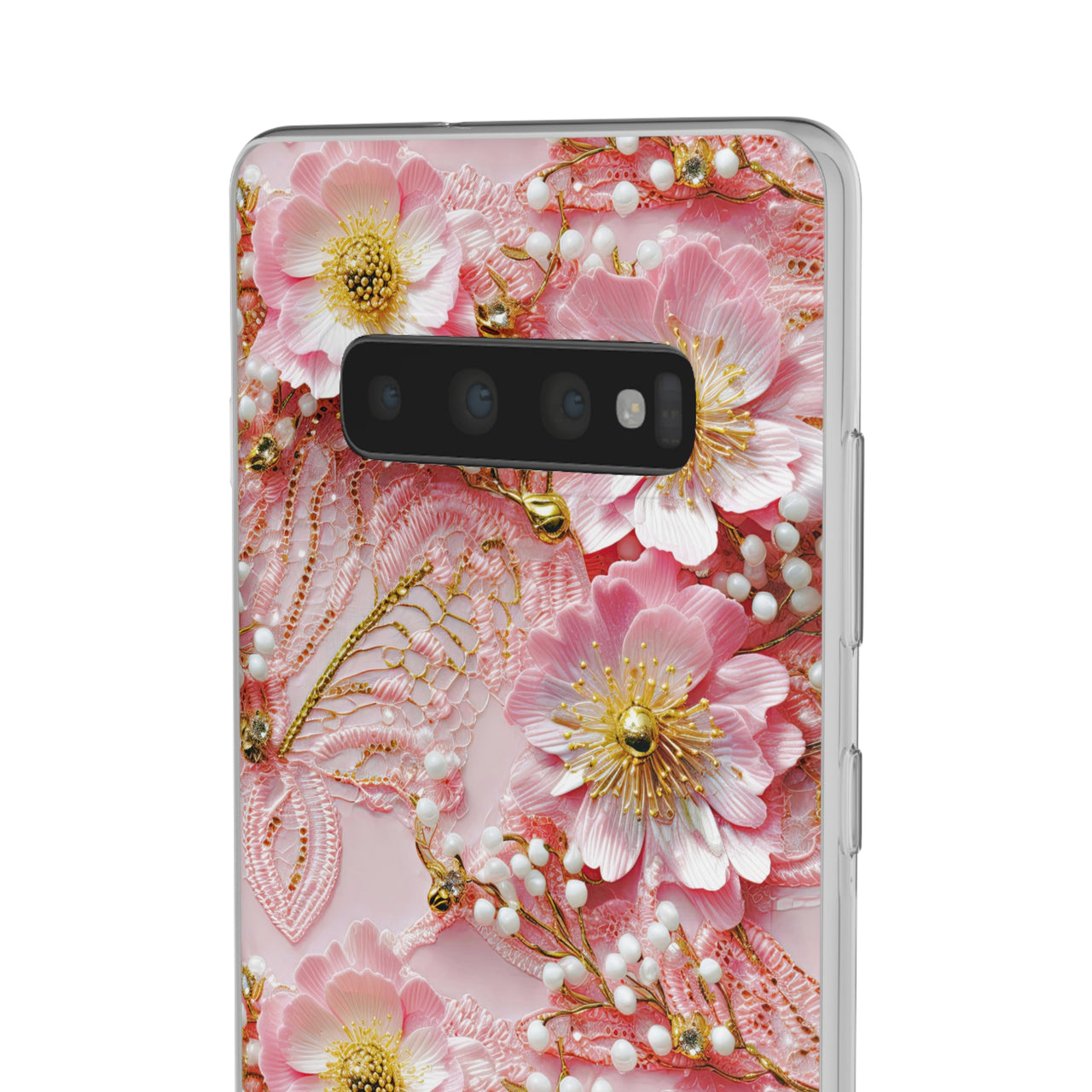 Gold-Kissed Flowers on Pink Lace - Flexi Cases for Samsung Galaxy S10, Samsung Galaxy S10E, & Samsung Galaxy S10 Plus