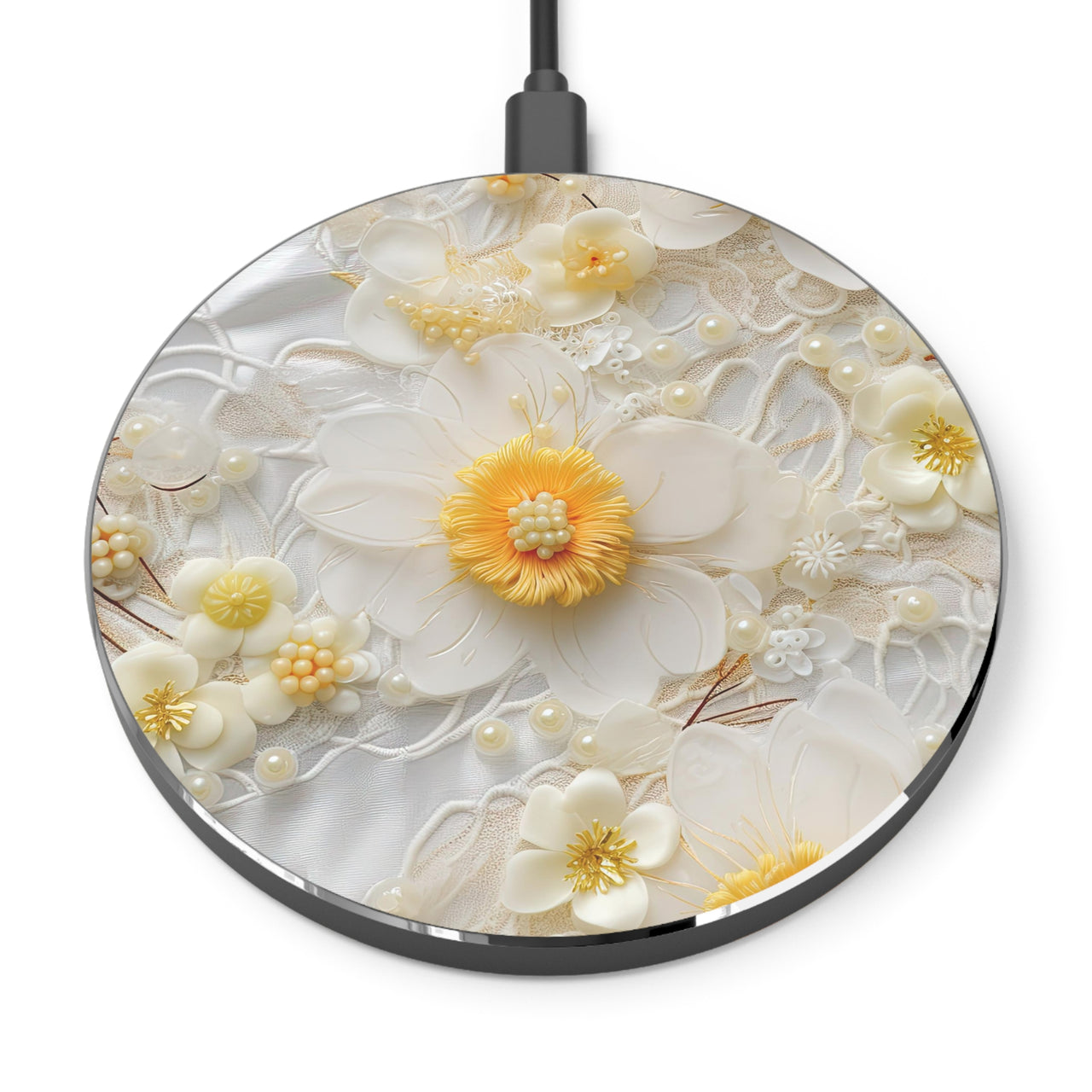 Yellow and White Floral Wireless Charger for Qi Enabled Phones