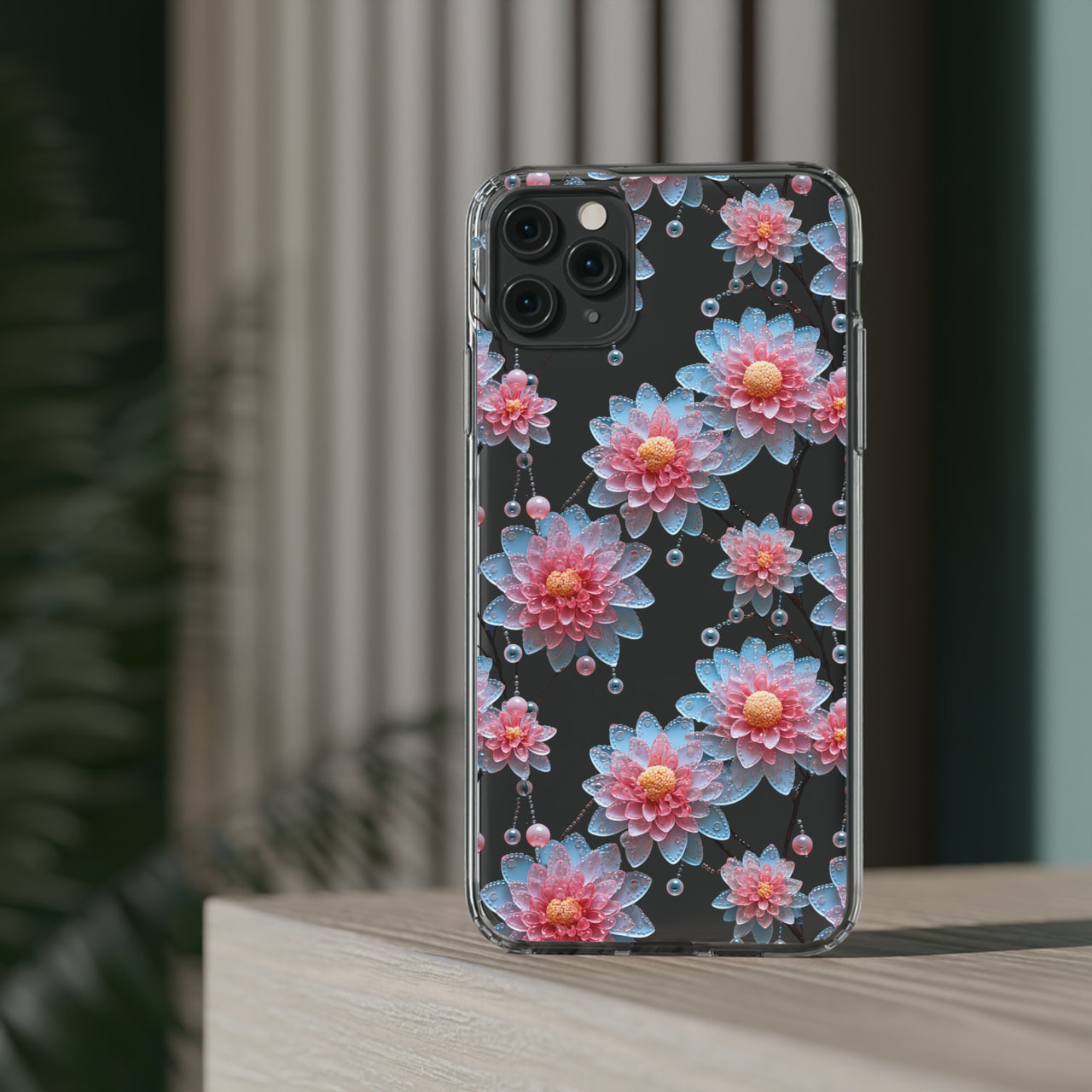 *Clear Case* Pink and Blue Glass Flowers - iPhone 11, iPhone 11 Pro, iPhone 11 Pro Max - Supports Wireless Charging