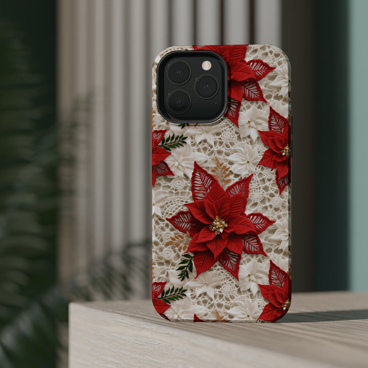 Christmas Poinsettia MagSafe Tough Cases for iPhone 13, iPhone 13 Mini, iPhone 13 Pro, and iPhone 13 Pro Max.