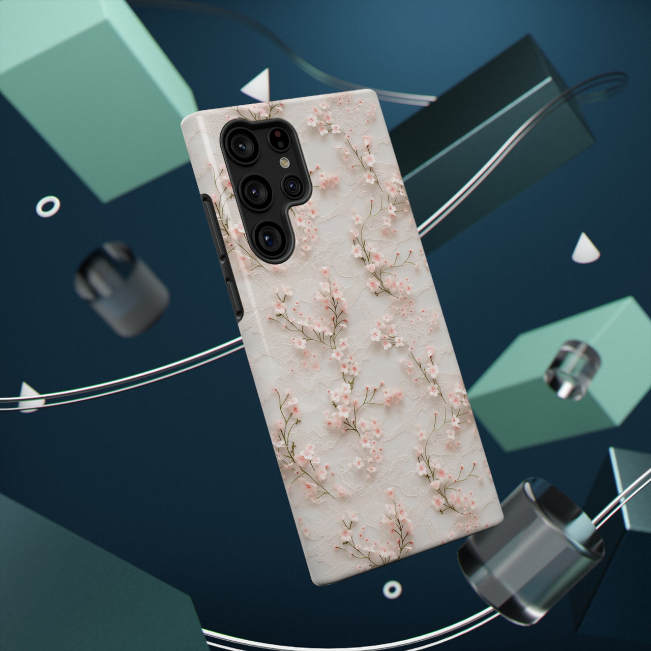 White Lace and Cherry Blossoms Impact-Resistant Cases for Samsung Galaxy S22, Samsung Galaxy S22 Plus, and Samsung Galaxy S22 Ultra. Supports Wireless Charging.