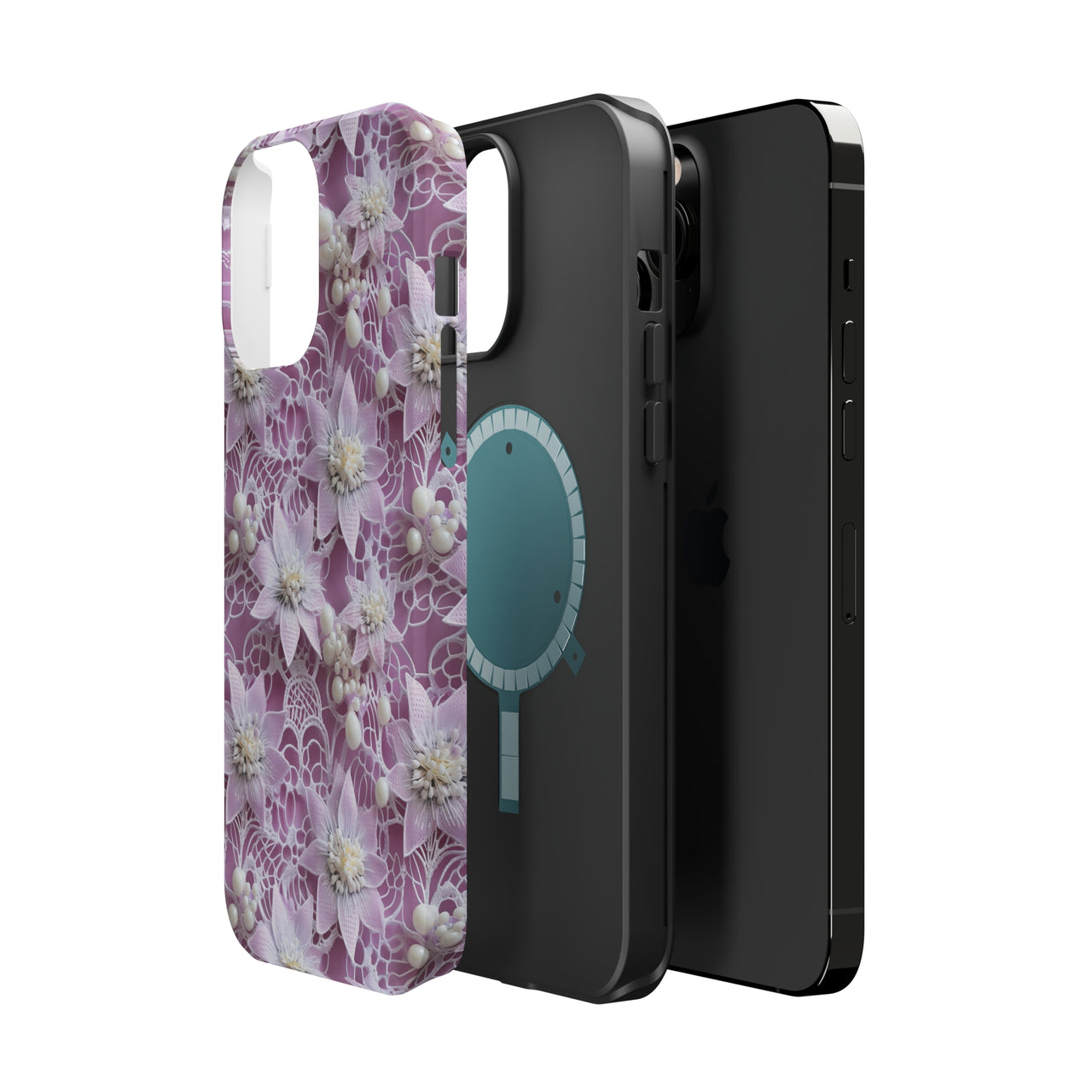 Coquette Clematis MagSafe Tough Cases for iPhone 13, iPhone 13 Mini, iPhone 13 Pro, and iPhone 13 Pro Max.