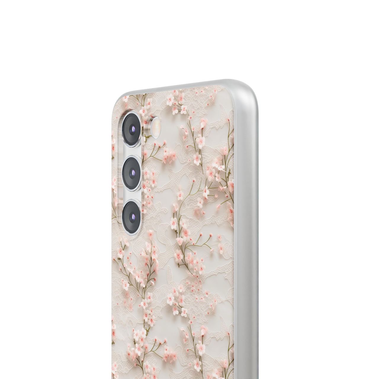 White Lace and Cherry Blossoms - Flexi Cases for Samsung Galaxy S23, Samsung Galaxy S23 Plus, and Samsung Galaxy S23 Ultra