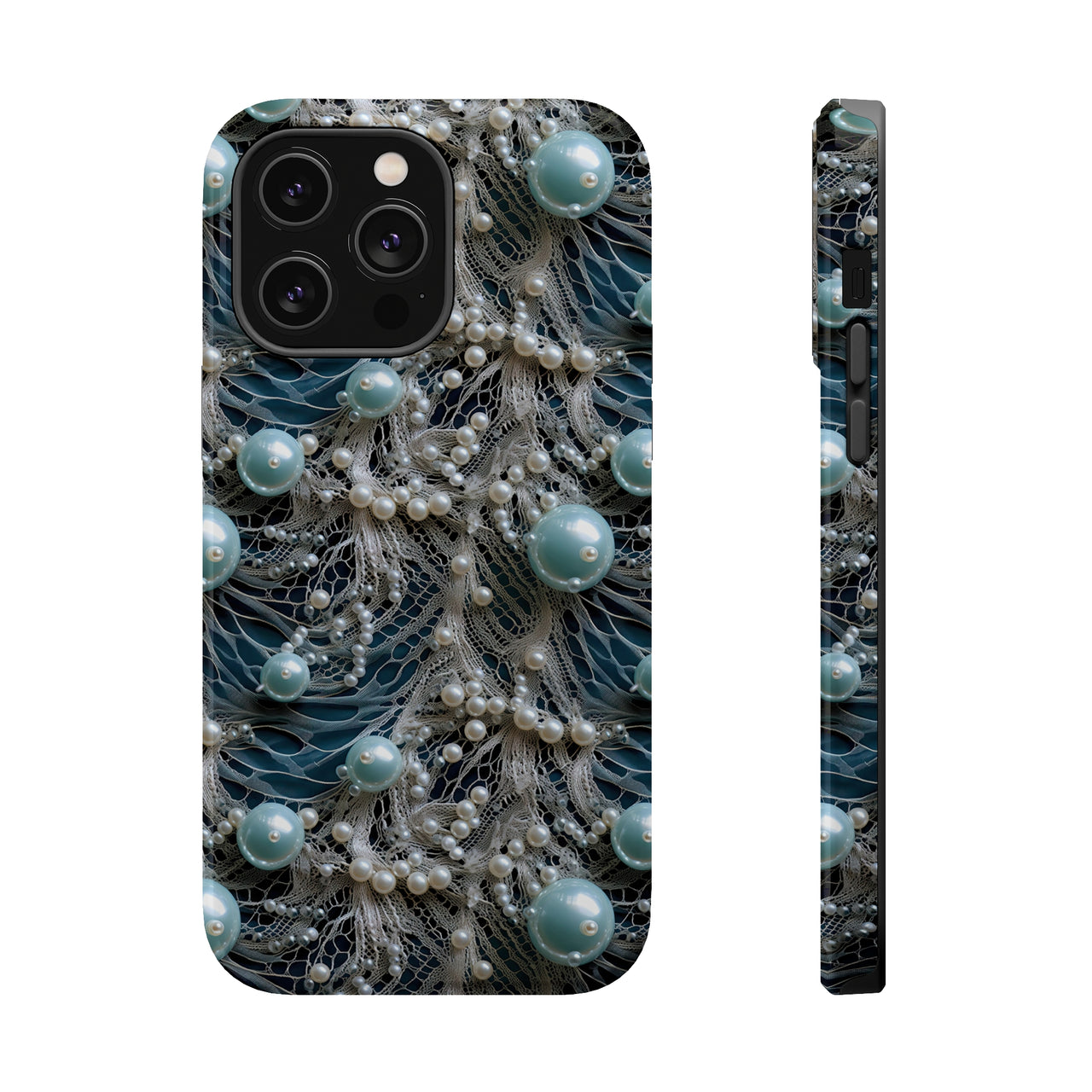 Sea Foam Lace and Pearls MagSafe Tough Cases for iPhone 14, iPhone 14 Pro, iPhone 14 Plus, and iPhone 14 Pro Max