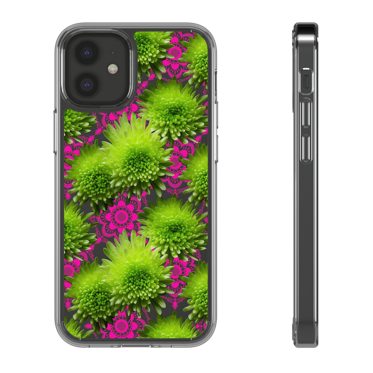 *Clear Case* Green Mums and Lace - iPhone 12, iPhone 12 Mini, iPhone 12 Pro, iPhone 12 Pro Max - Supports Wireless Charging