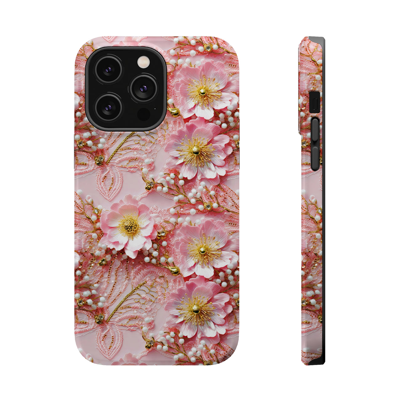 Gold-Kissed Flowers on Pink Lace - MagSafe Tough Case for iPhone 14, iPhone 14 Pro, iPhone 14 Plus, and iPhone 14 Pro Max