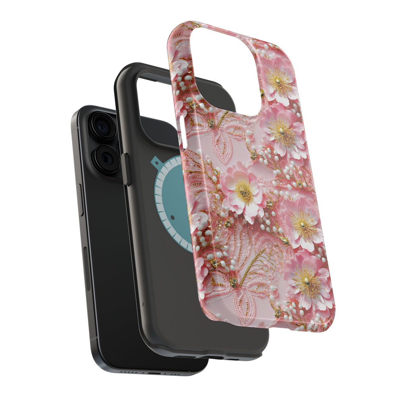 Gold-Kissed Flowers on Pink Lace - MagSafe Tough Case for iPhone 15, iPhone 15 Pro, iPhone 15 Plus, & iPhone 15 Pro Max