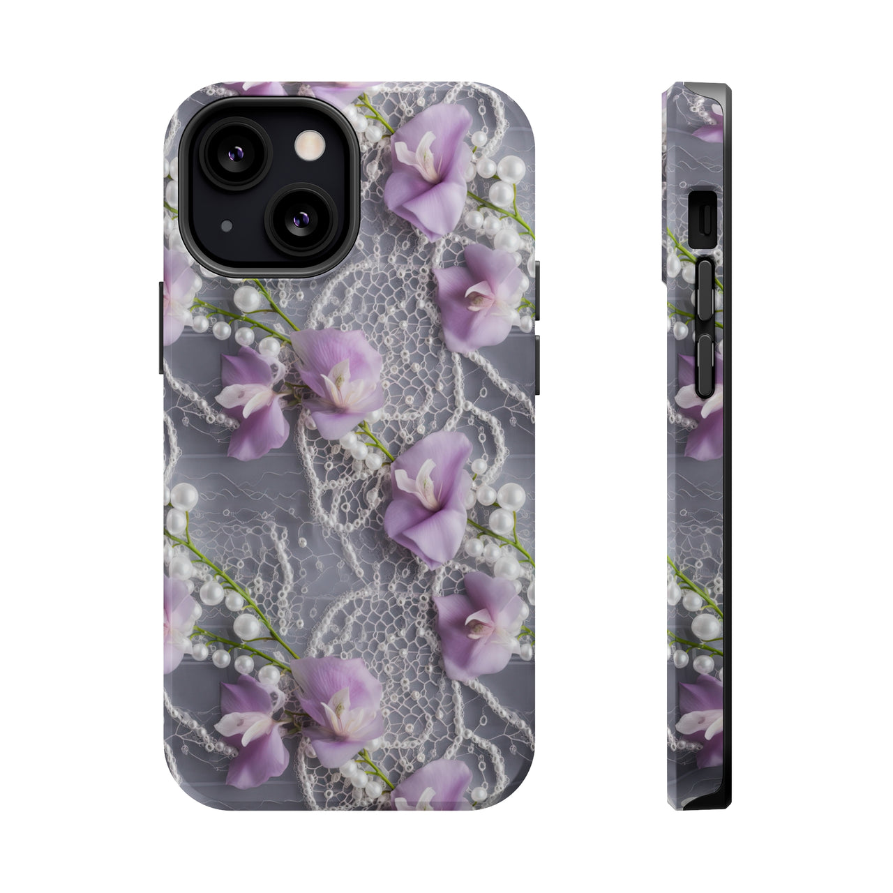 Purple Sweet Pea MagSafe Tough Cases for iPhone 13, iPhone 13 Mini, iPhone 13 Pro, and iPhone 13 Pro Max.