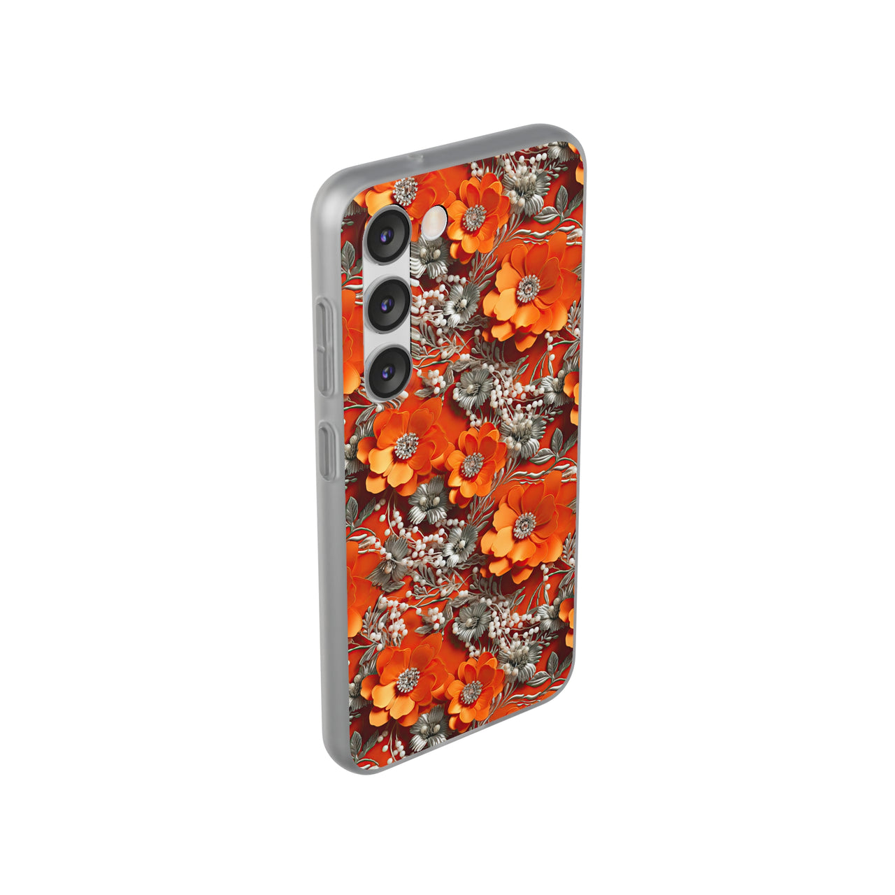 Orange Petals in Silver Tapestry - Flexi Cases for Samsung Galaxy S23, Samsung Galaxy S23 Plus, and Samsung Galaxy S23 Ultra