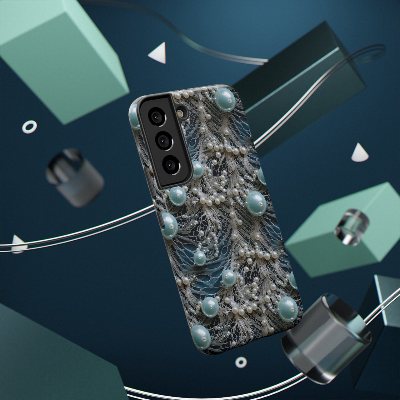 Sea Foam Lace and Pearls Impact-Resistant Cases for Samsung Galaxy S22, Samsung Galaxy S22 Plus, and Samsung Galaxy S22 Ultra. Supports Wireless Charging.