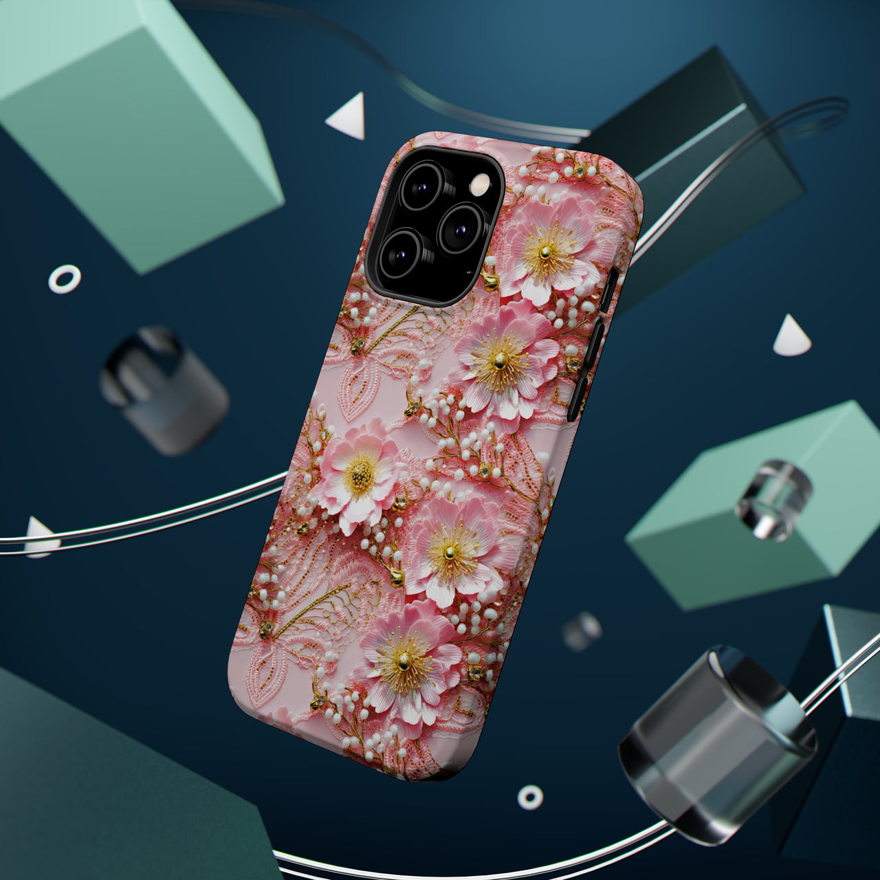 Gold-Kissed Flowers on Pink Lace - MagSafe Tough Case for iPhone 14, iPhone 14 Pro, iPhone 14 Plus, and iPhone 14 Pro Max