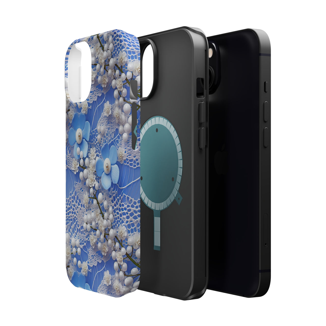 Pearls and Lace on Baby Blue - MagSafe Tough Cases for iPhone 13, iPhone 13 Mini, iPhone 13 Pro, and iPhone 13 Pro Max.