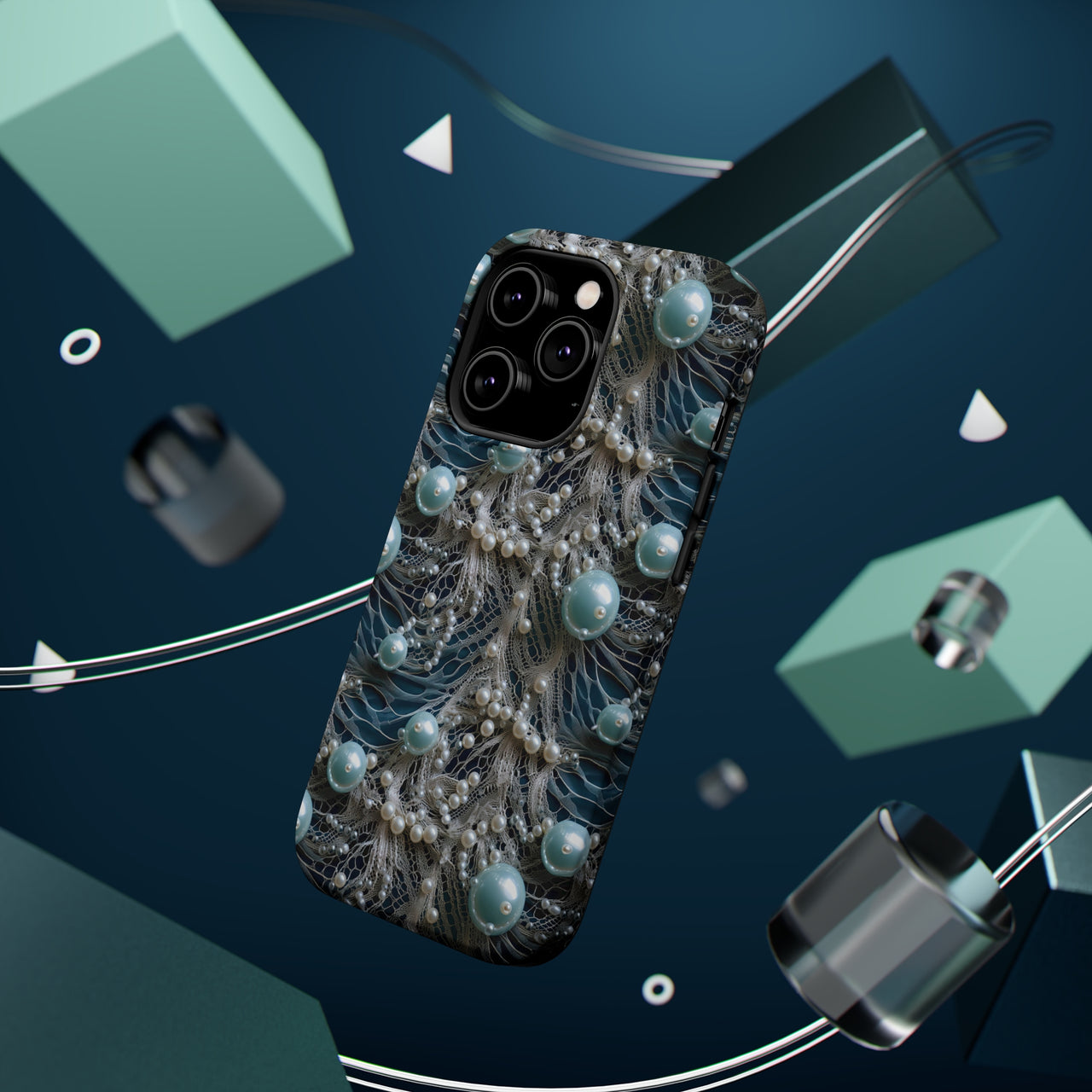 Sea Foam Lace and Pearls MagSafe Tough Cases for iPhone 14, iPhone 14 Pro, iPhone 14 Plus, and iPhone 14 Pro Max