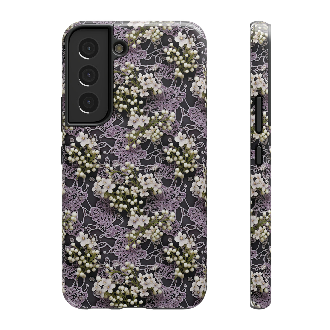 White Flowers on a Purple Bed - Impact-Resistant Case for Samsung Galaxy S22, Samsung Galaxy S22 Plus, and Samsung Galaxy S22 Ultra. Supports Wireless Charging.