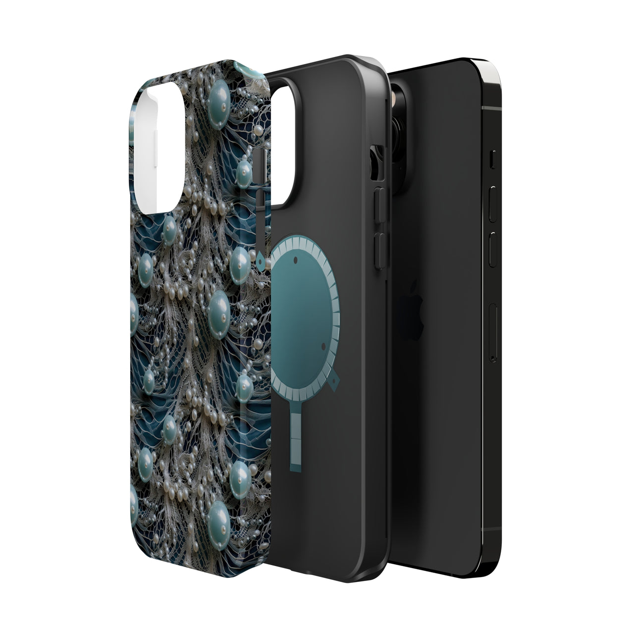 Sea Foam Lace and Pearls MagSafe Tough Cases for iPhone 13, iPhone 13 Mini, iPhone 13 Pro, and iPhone 13 Pro Max.