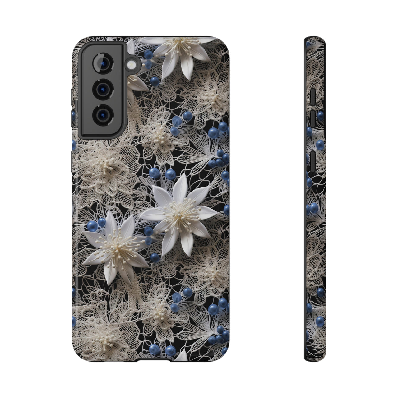 Vintage Lace and Clematis Impact-Resistant Cases for Samsung Galaxy S21, Samsung Galaxy S21 Plus, and Samsung Galaxy S21 Ultra. Supports Wireless Charging.