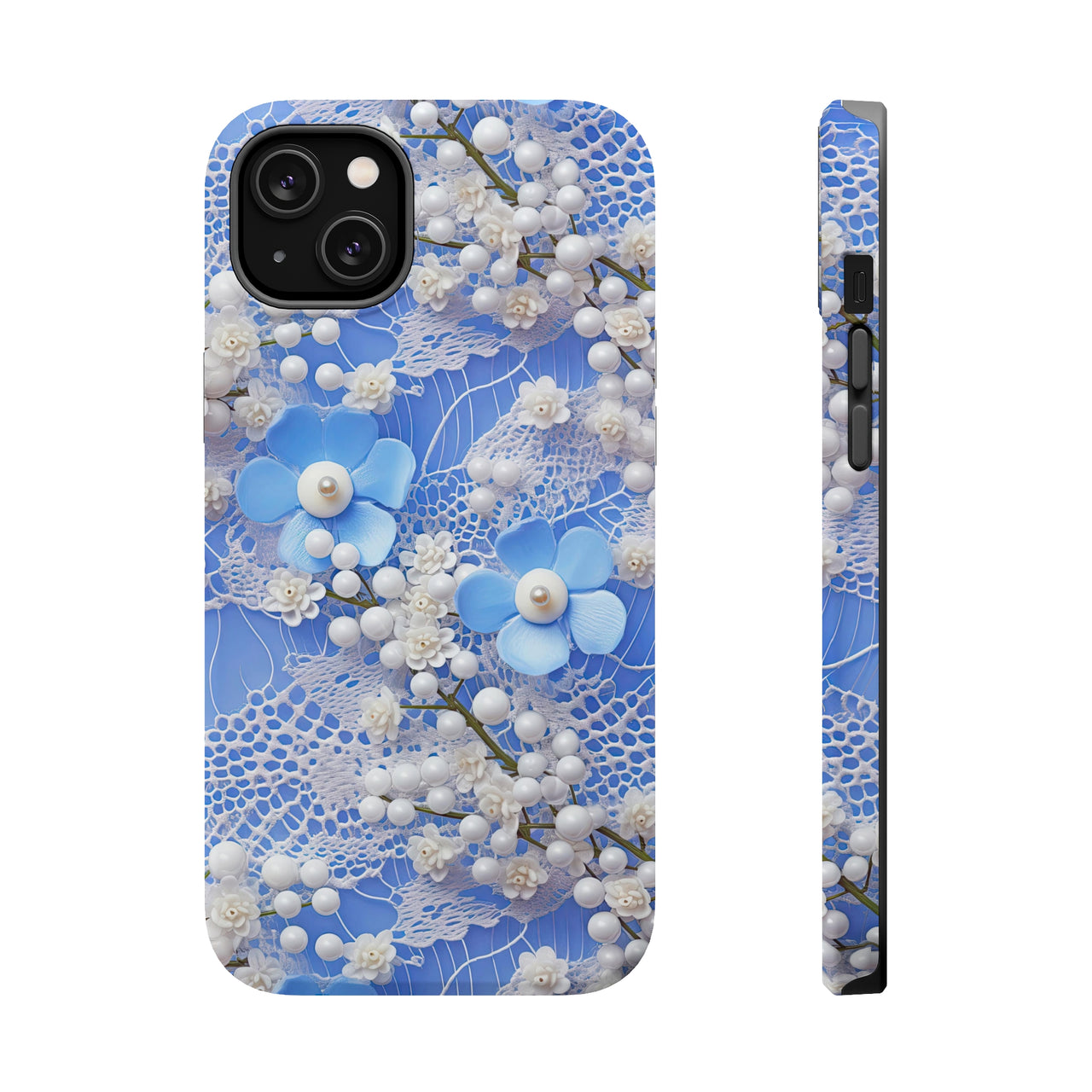 Pearls and Lace on Baby Blue - MagSafe Tough Cases for iPhone 14, iPhone 14 Pro, iPhone 14 Plus, and iPhone 14 Pro Max