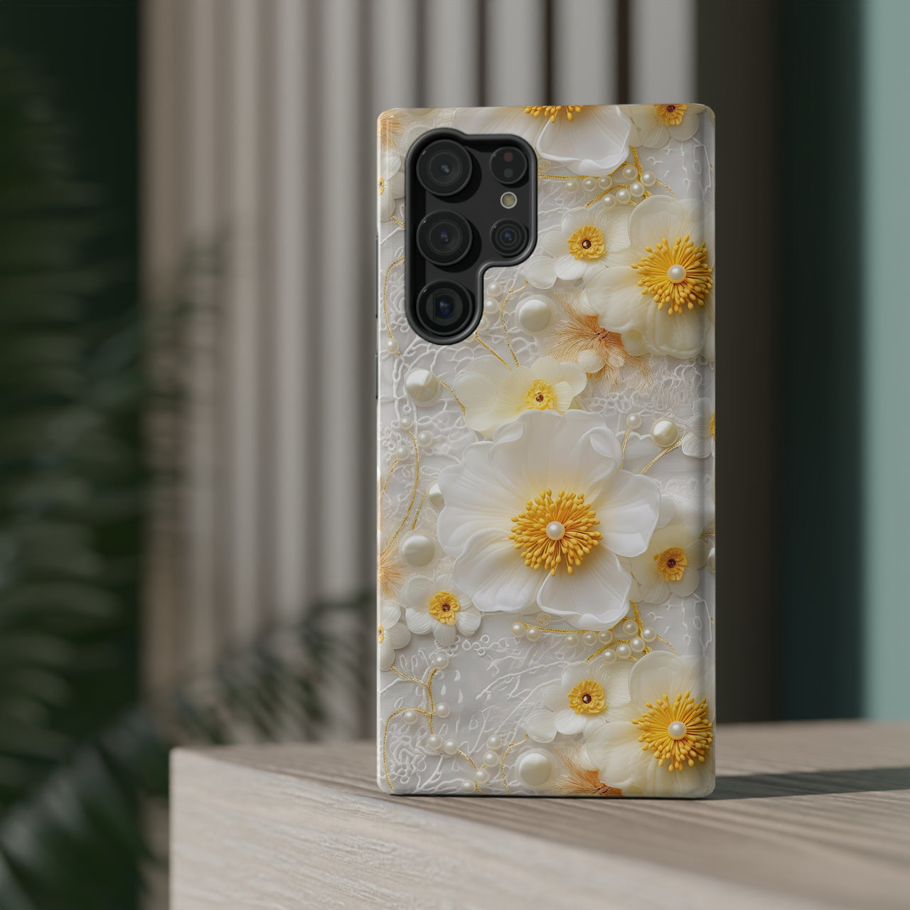 White and Yellow Floral Impact-Resistant Cases for Samsung Galaxy S22, Samsung Galaxy S22 Plus, and Samsung Galaxy S22 Ultra. Supports Wireless Charging.