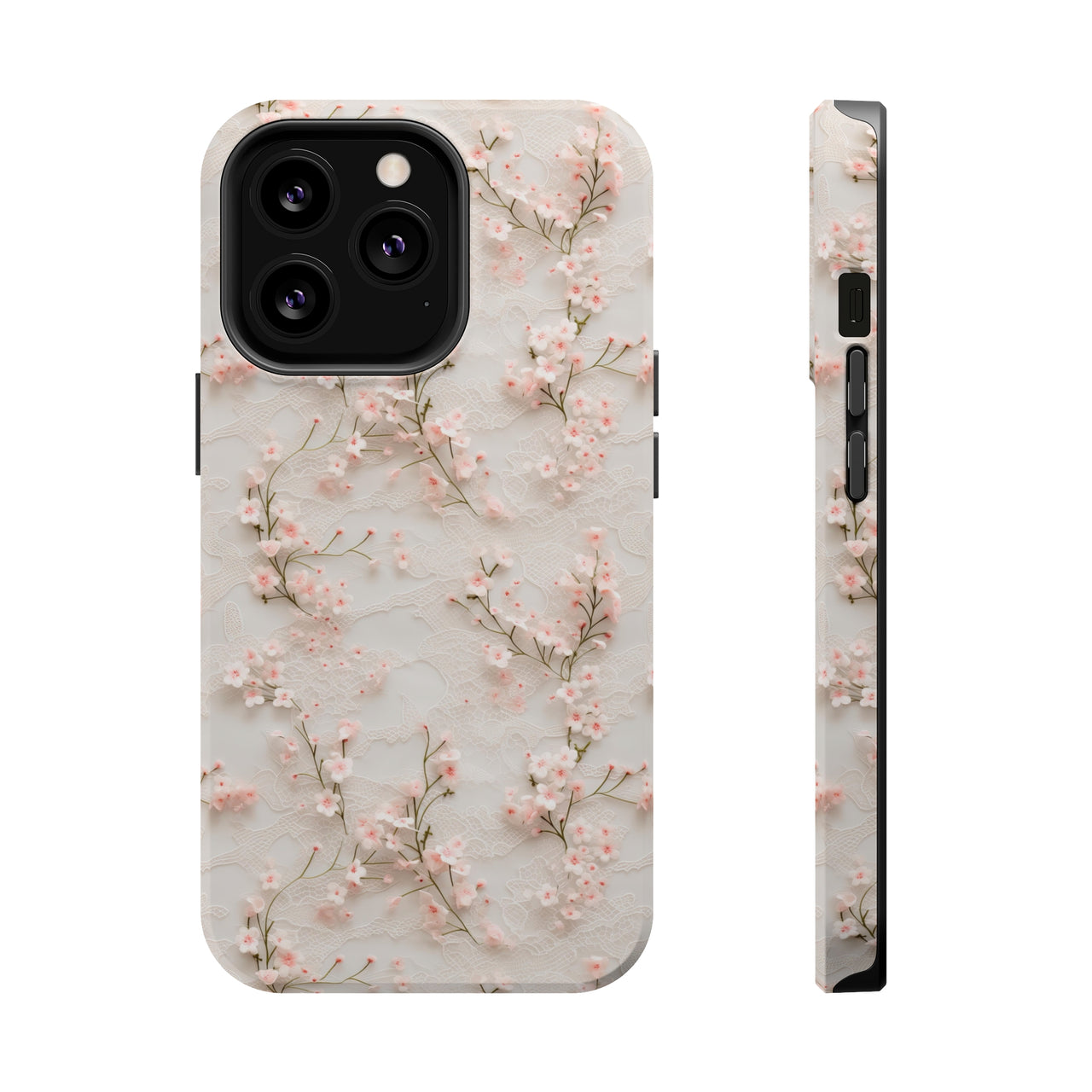 White Lace and Cherry Blossoms MagSafe Tough Cases for iPhone 13, iPhone 13 Mini, iPhone 13 Pro, and iPhone 13 Pro Max.