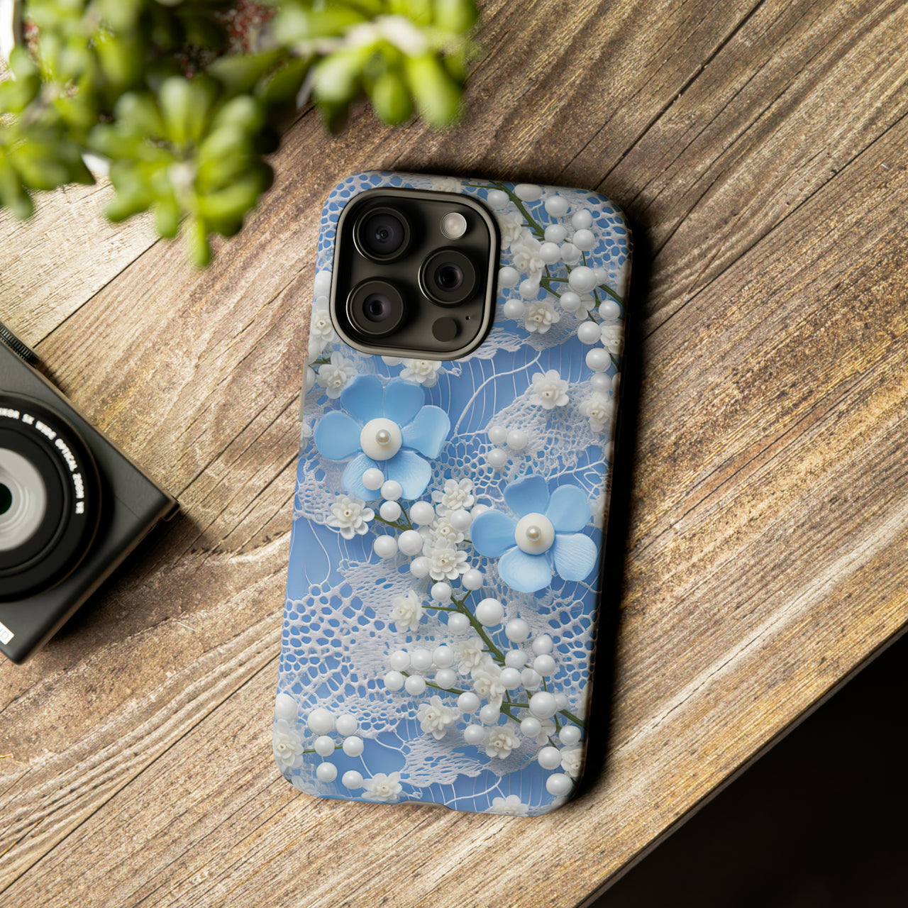 Pearls and Lace on Baby Blue - Tough Case for iPhone 15, iPhone 15 Pro, iPhone 15 Plus, and iPhone 15 Pro Max