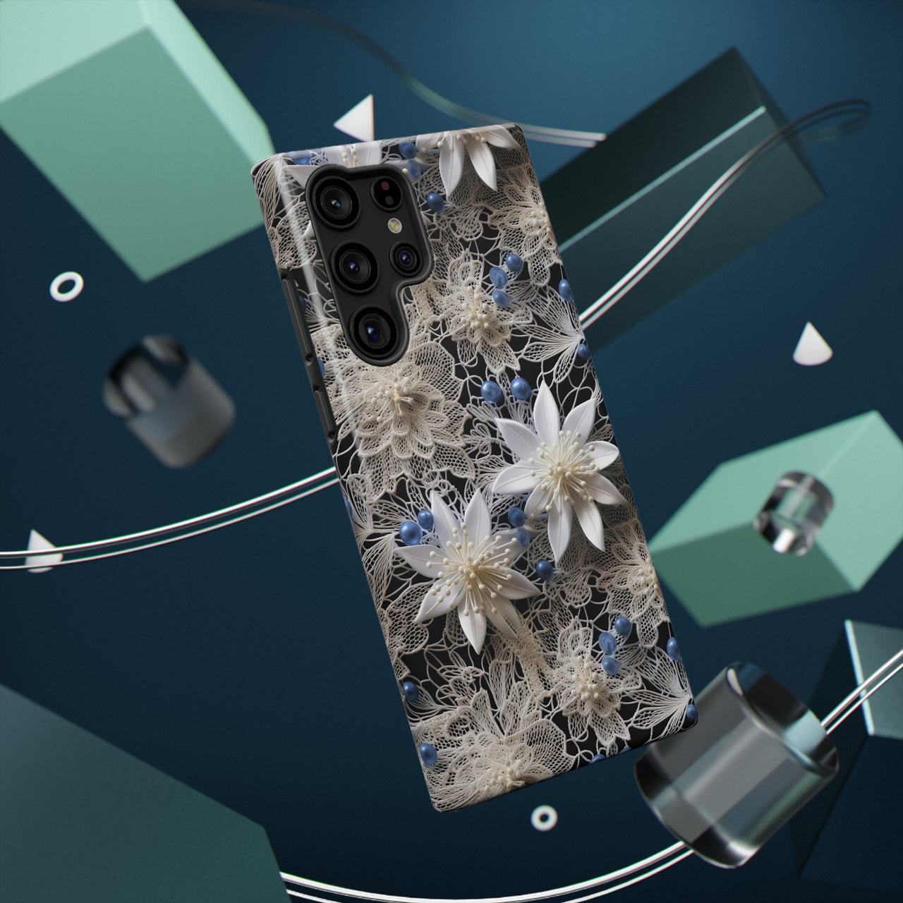 Vintage Lace and Clematis Impact-Resistant Cases for Samsung Galaxy S22, Samsung Galaxy S22 Plus, and Samsung Galaxy S22 Ultra. Supports Wireless Charging.