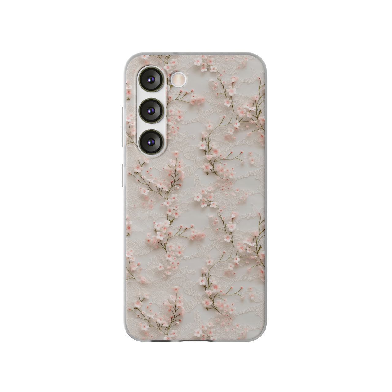 White Lace and Cherry Blossoms - Flexi Cases for Samsung Galaxy S23, Samsung Galaxy S23 Plus, and Samsung Galaxy S23 Ultra