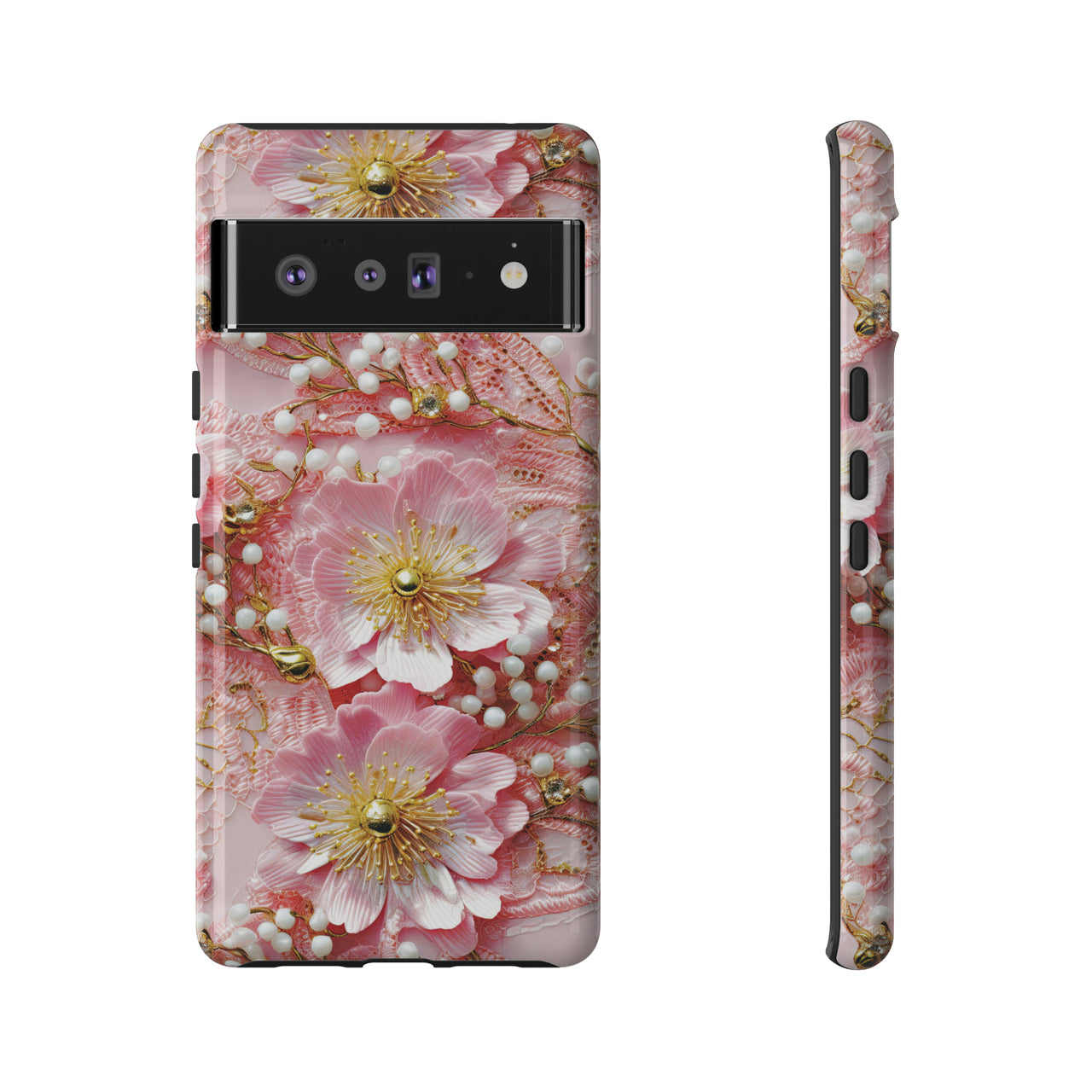 Gold-Kissed Flowers on Pink Lace - Tough Case for Google Pixel 6 and Google Pixel 6 Pro